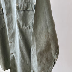 1950s Sage Green Cotton Canvas Like Work Shirt - Cool Contrast Stitching - Rare!