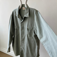 1950s Sage Green Cotton Canvas Like Work Shirt - Cool Contrast Stitching - Rare!