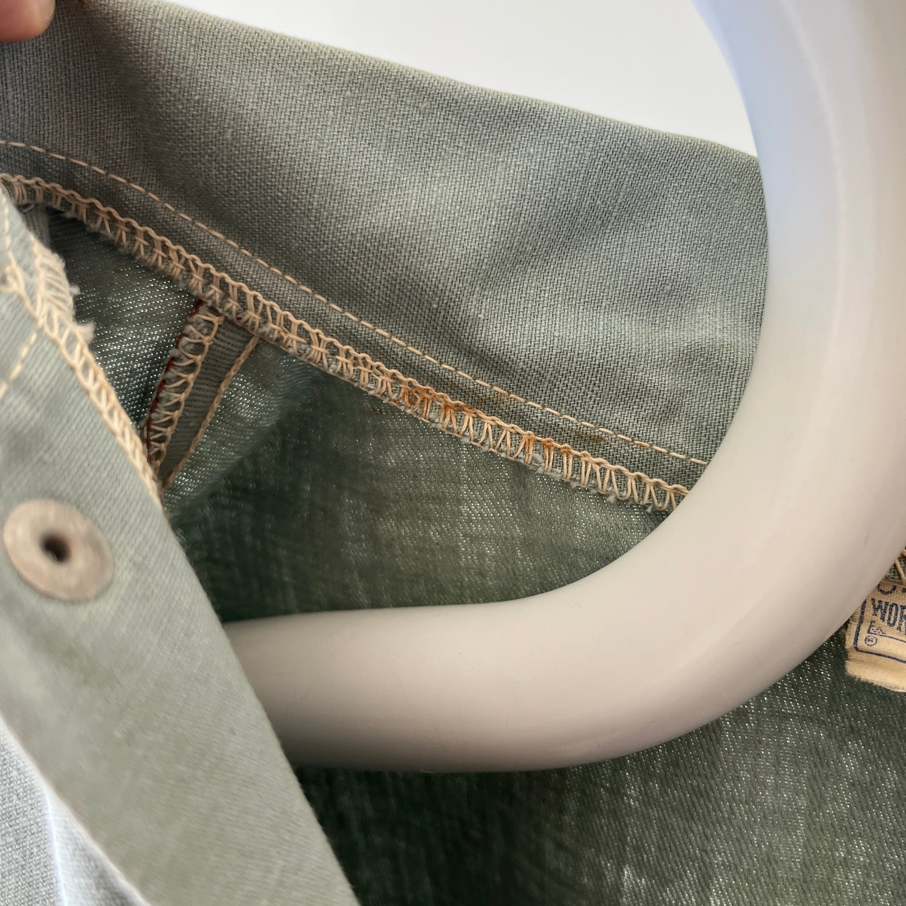 1950s Sage Green Cotton Canvas Like Work Shirt - Cool Contrast Stitching - Rare!