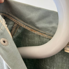 1950s Sage Green Cotton Canvas Like Work Shirt - Cool Contrast Stitching - Rare!