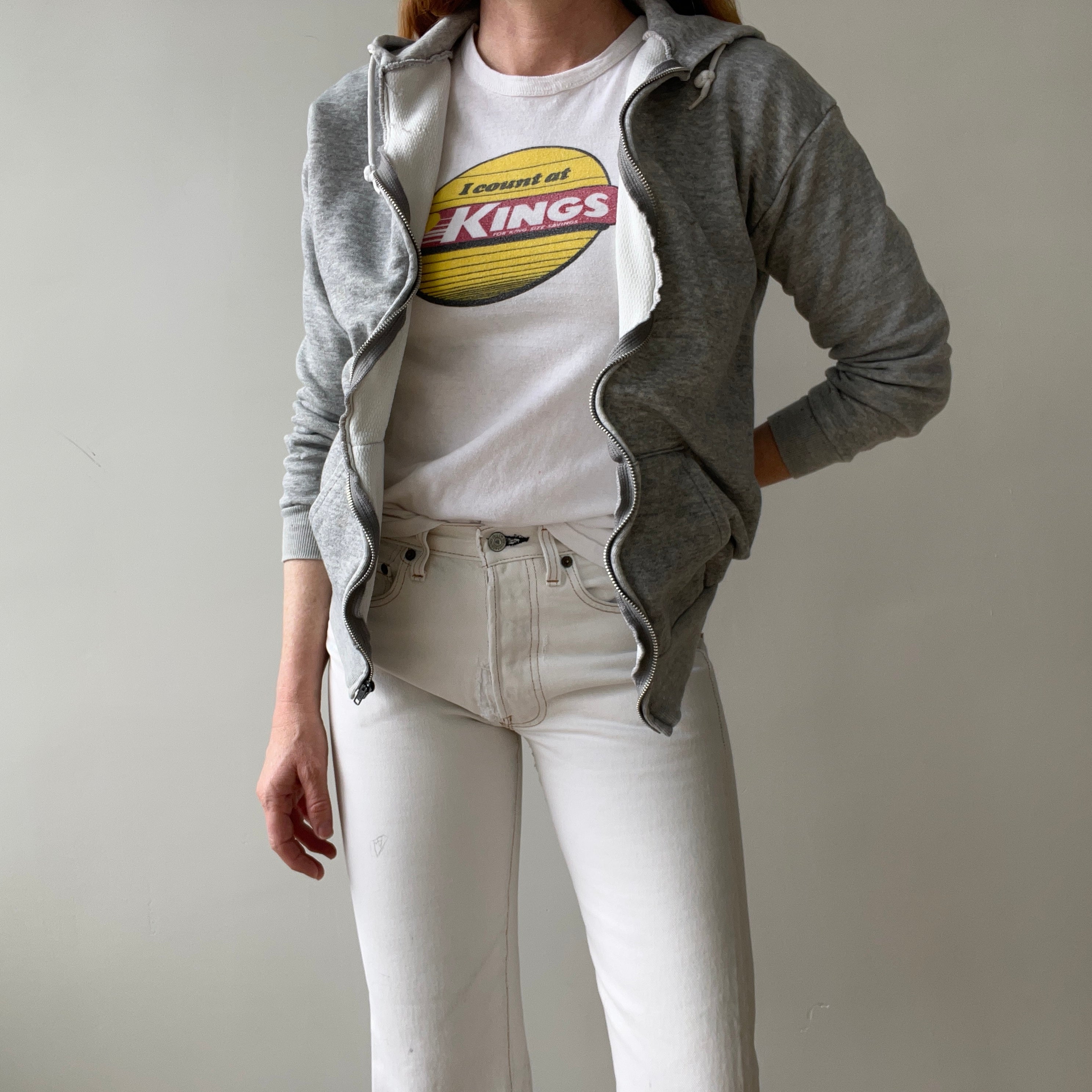 1970s Insulated Blank Gray Zip Up Hoodie - Perfectly Beat Up