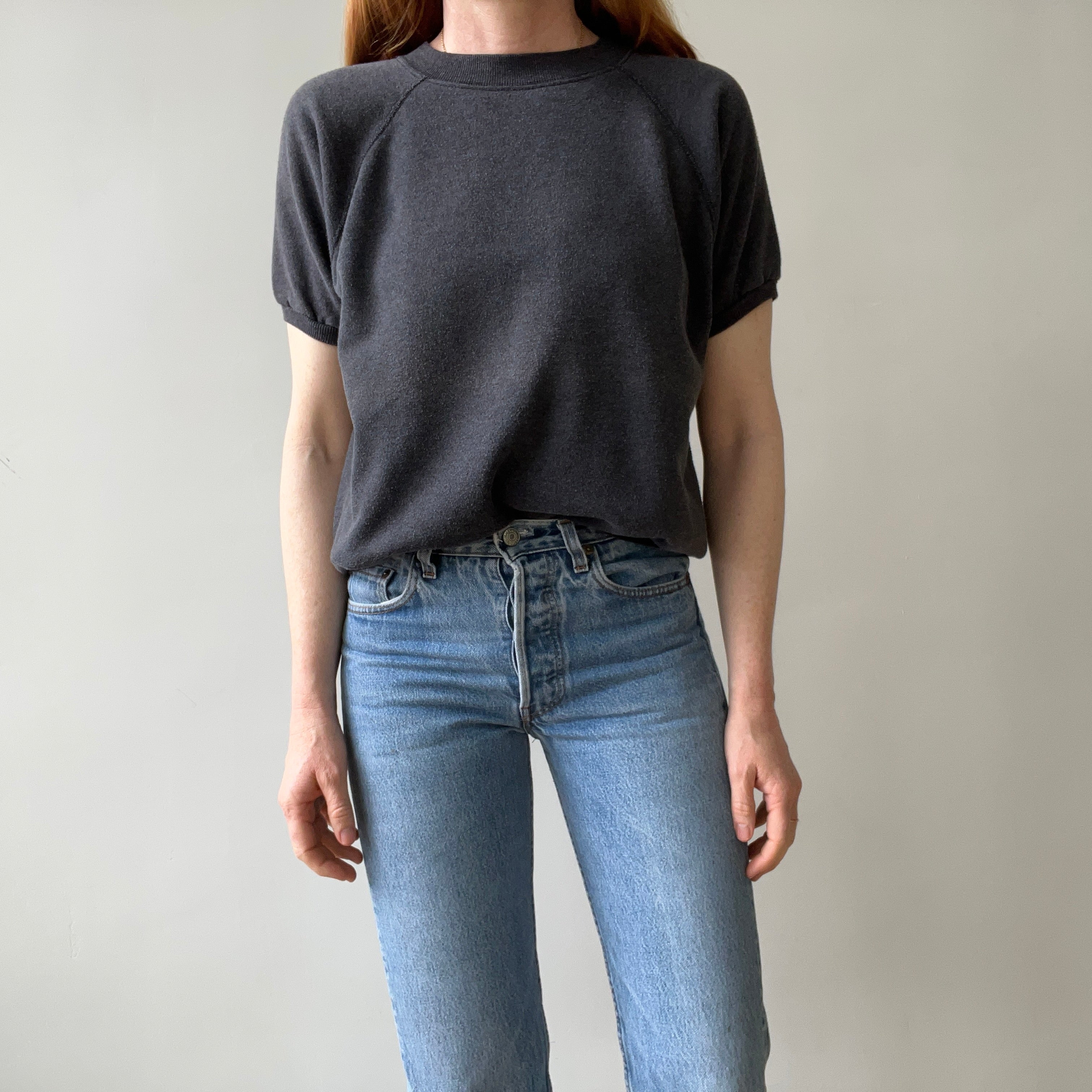 1980s Sun Faded Deep Gray/Black Short Sleeve Warm Up Sweatshirt
