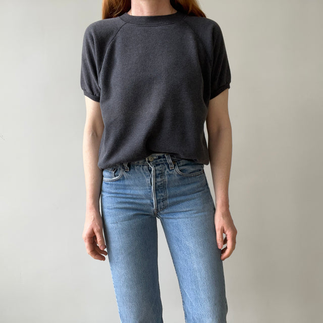 1980s Sun Faded Deep Gray/Black Short Sleeve Warm Up Sweatshirt