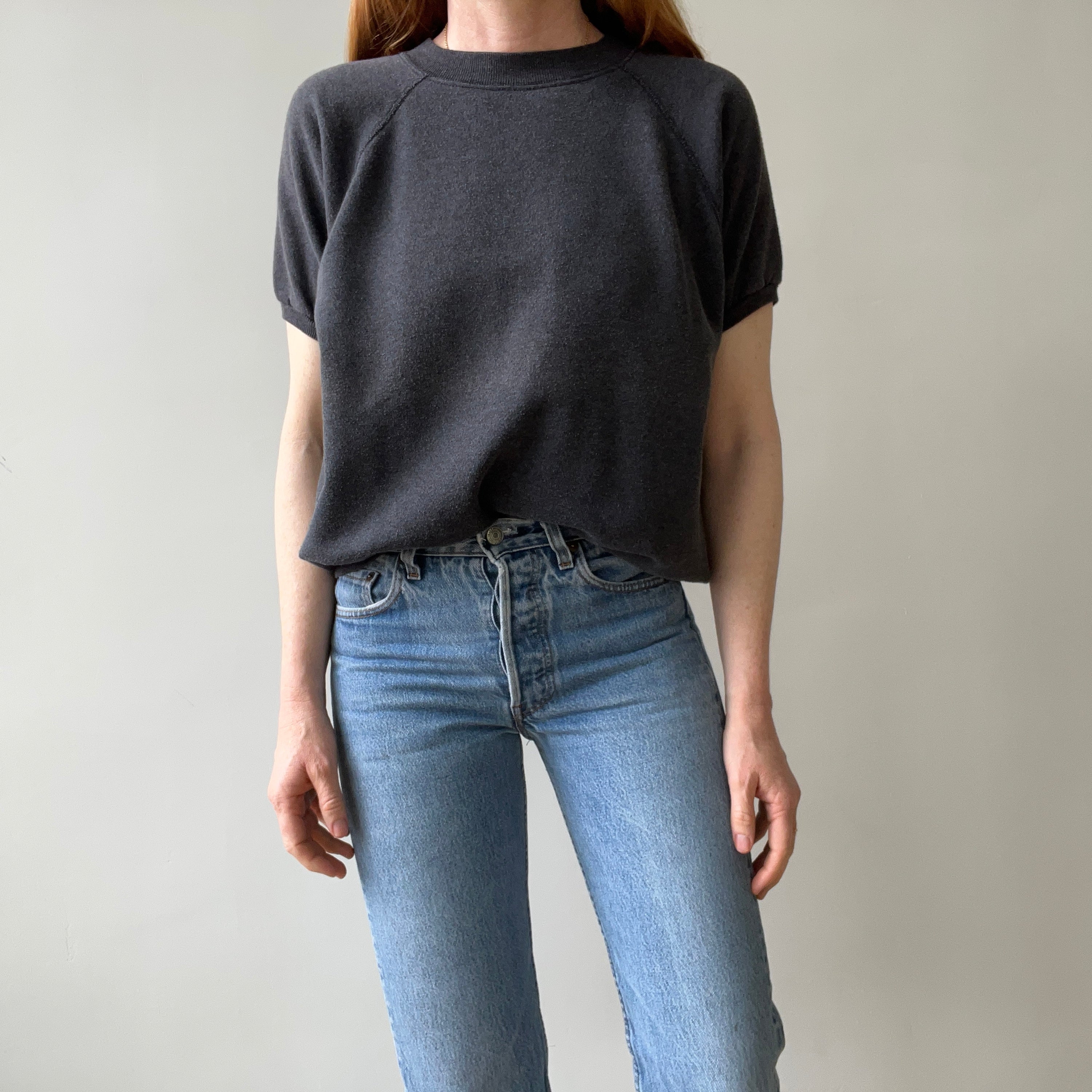 1980s Sun Faded Deep Gray/Black Short Sleeve Warm Up Sweatshirt