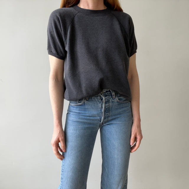 1980s Sun Faded Deep Gray/Black Short Sleeve Warm Up Sweatshirt