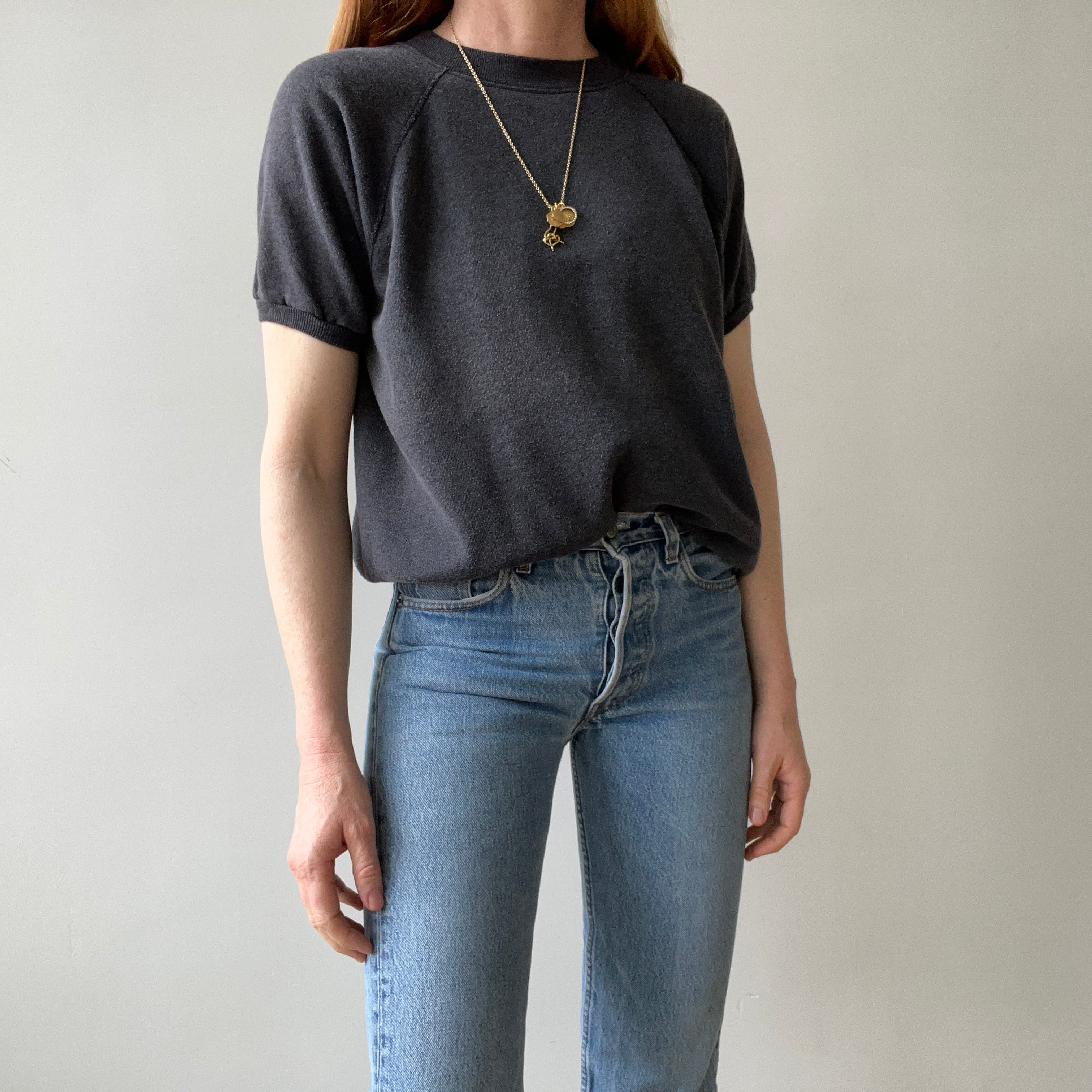 1980s Sun Faded Deep Gray/Black Short Sleeve Warm Up Sweatshirt