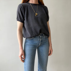 1980s Sun Faded Deep Gray/Black Short Sleeve Warm Up Sweatshirt