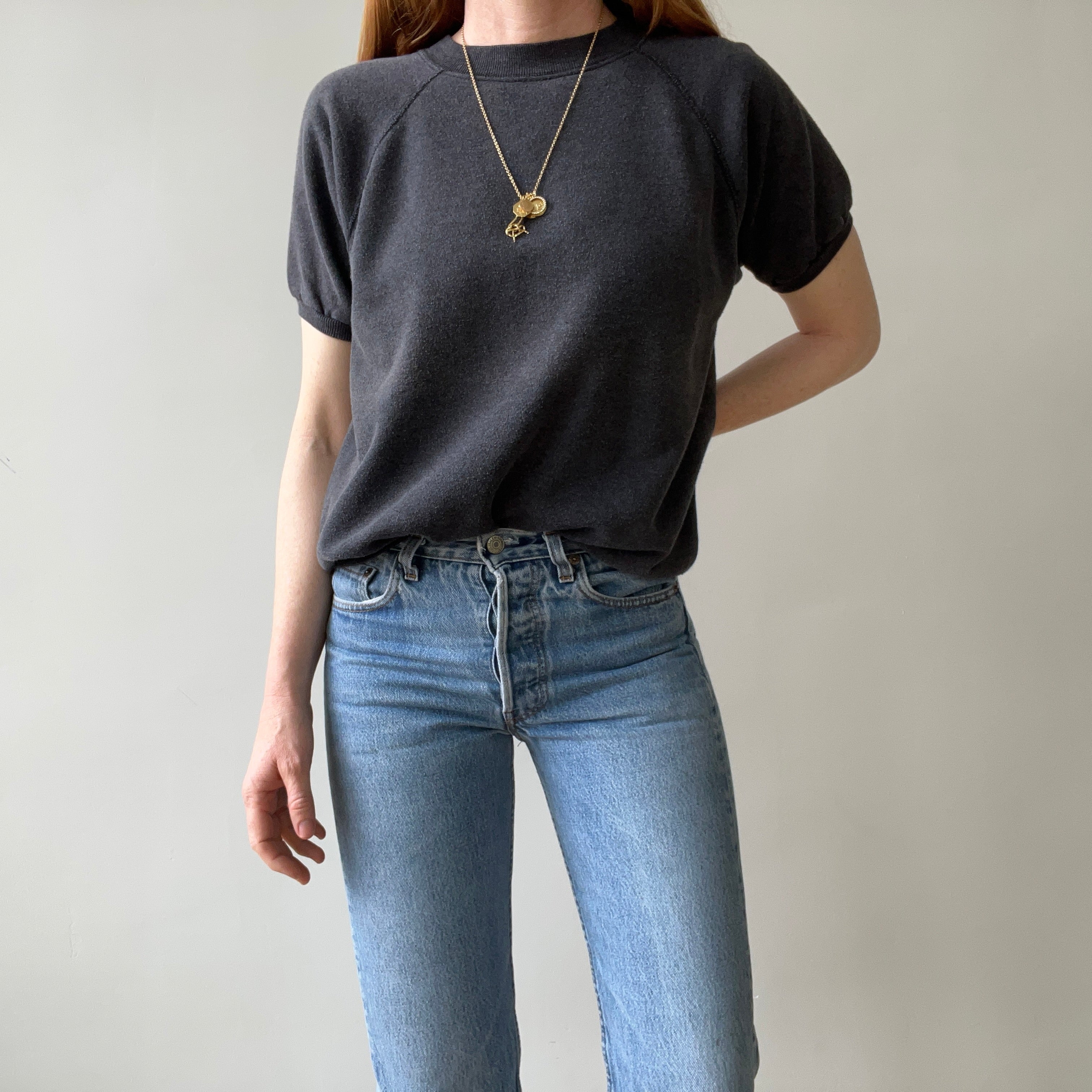 1980s Sun Faded Deep Gray/Black Short Sleeve Warm Up Sweatshirt