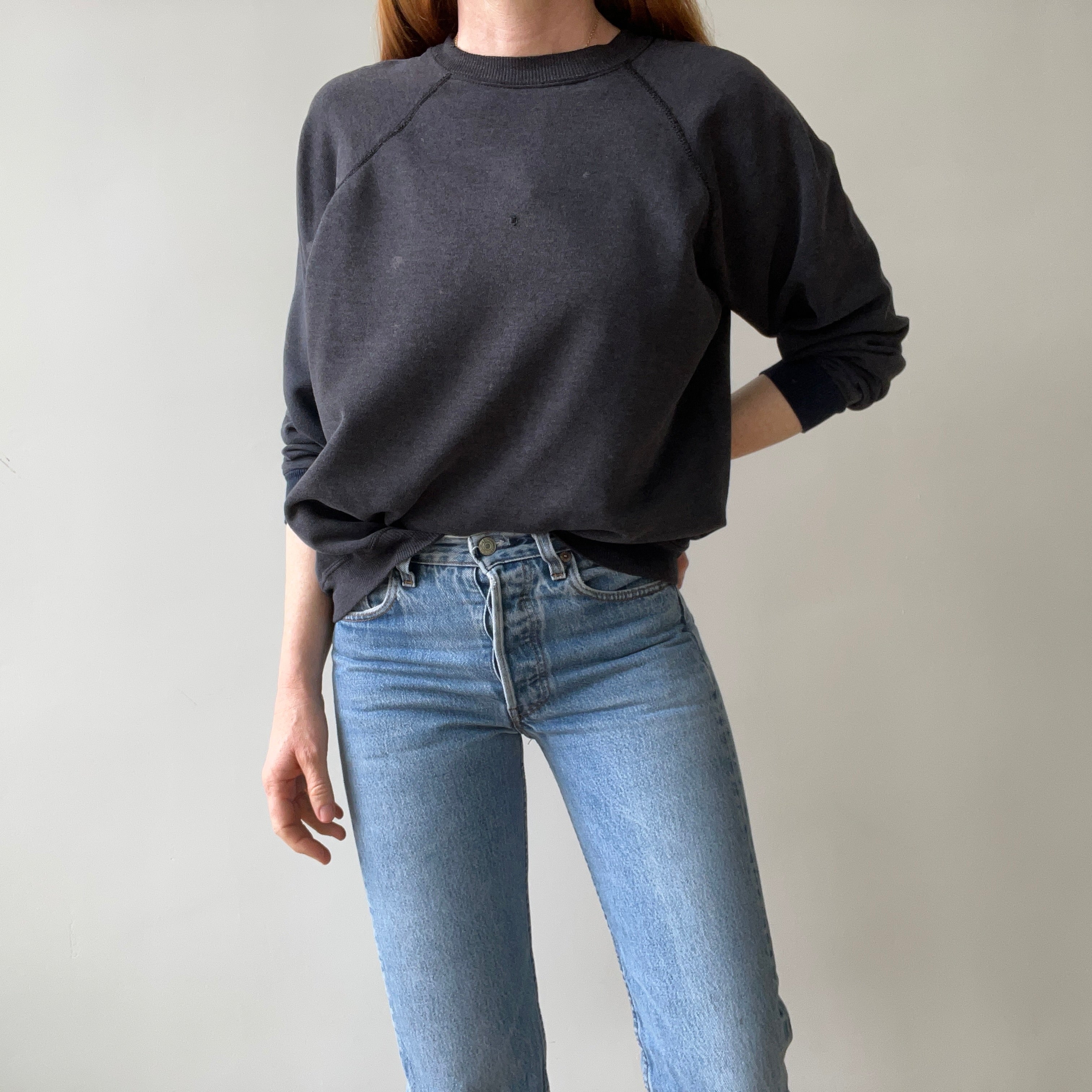1980s Perfectly Faded Worn, Small Holes, Contrast Cuffs Dream Boat Raglan