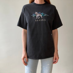 1990s Faded Black Embroidered Wolf T-Shirt