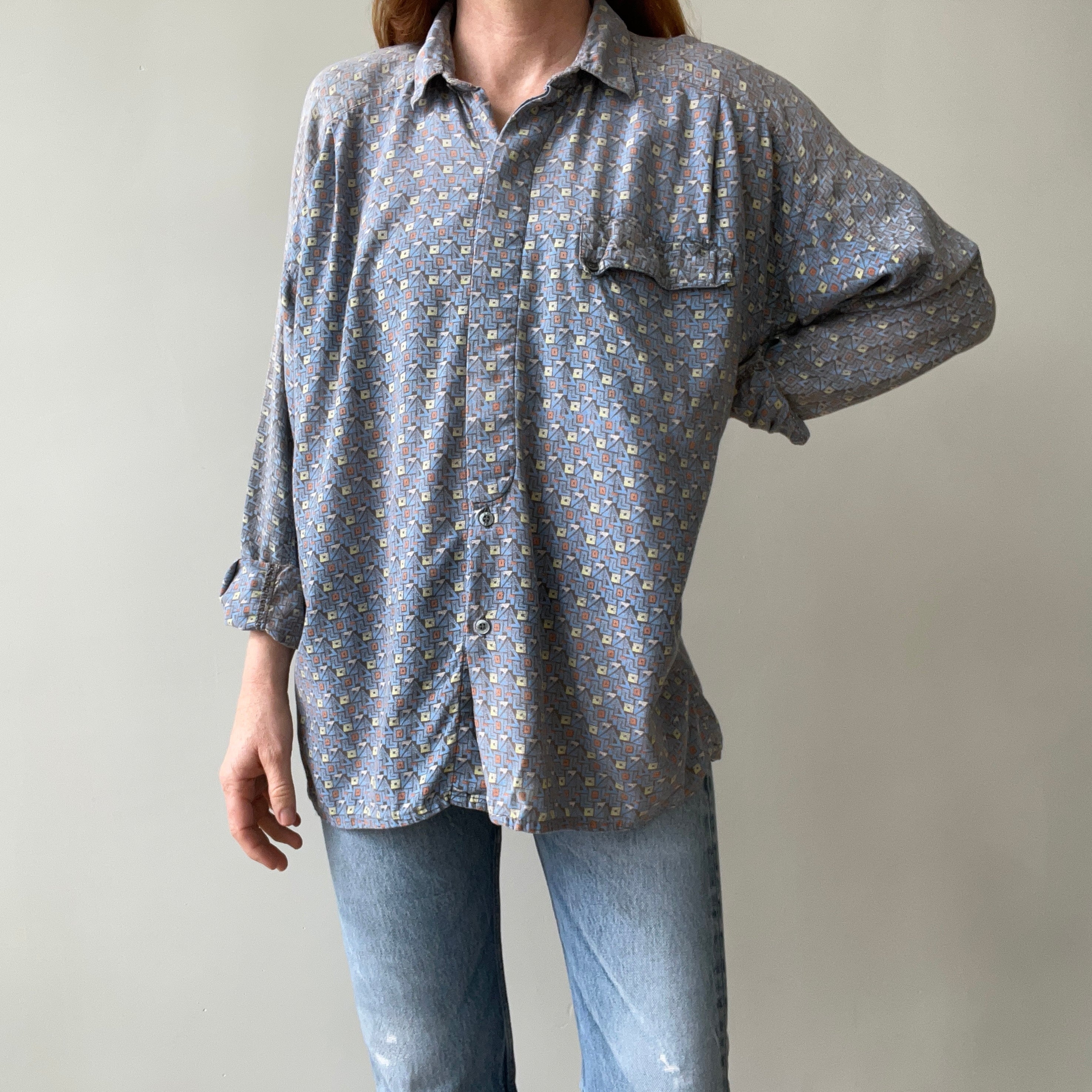 1980s Geometric Print Button Down Shirt
