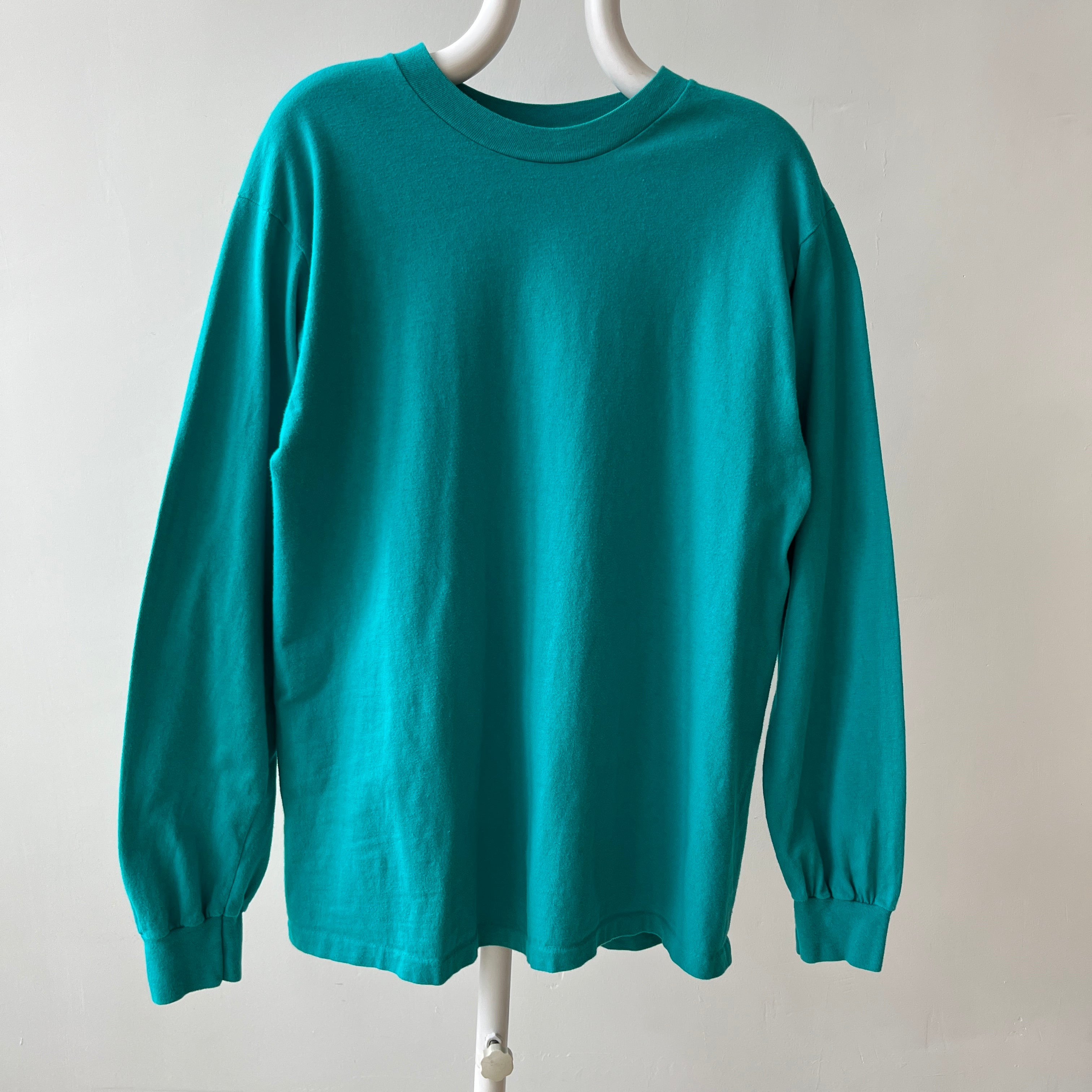1990s Blank Teal Long Sleeve T-Shirt by Hanes