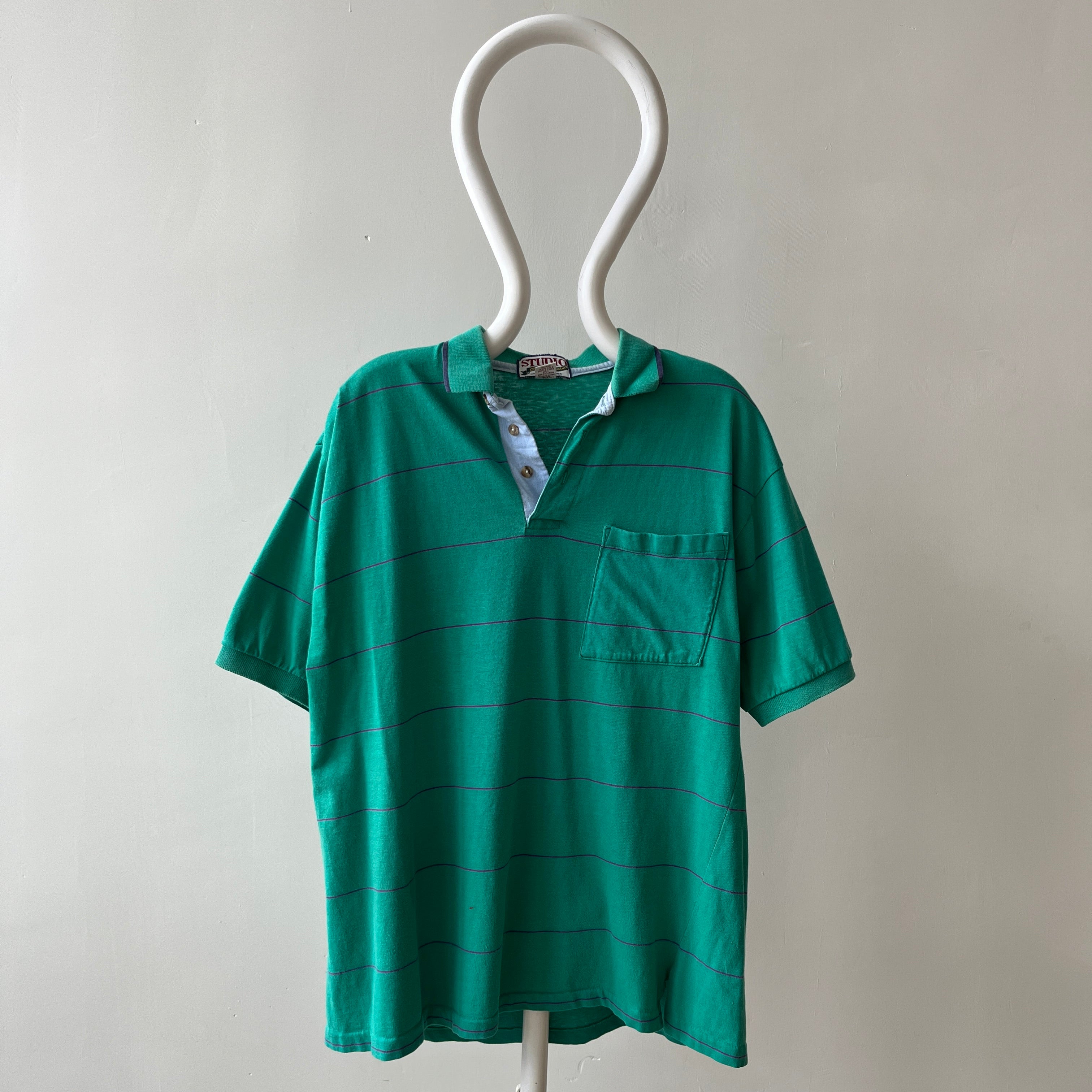 1980s Green/Teal Striped Polo T-Shirt