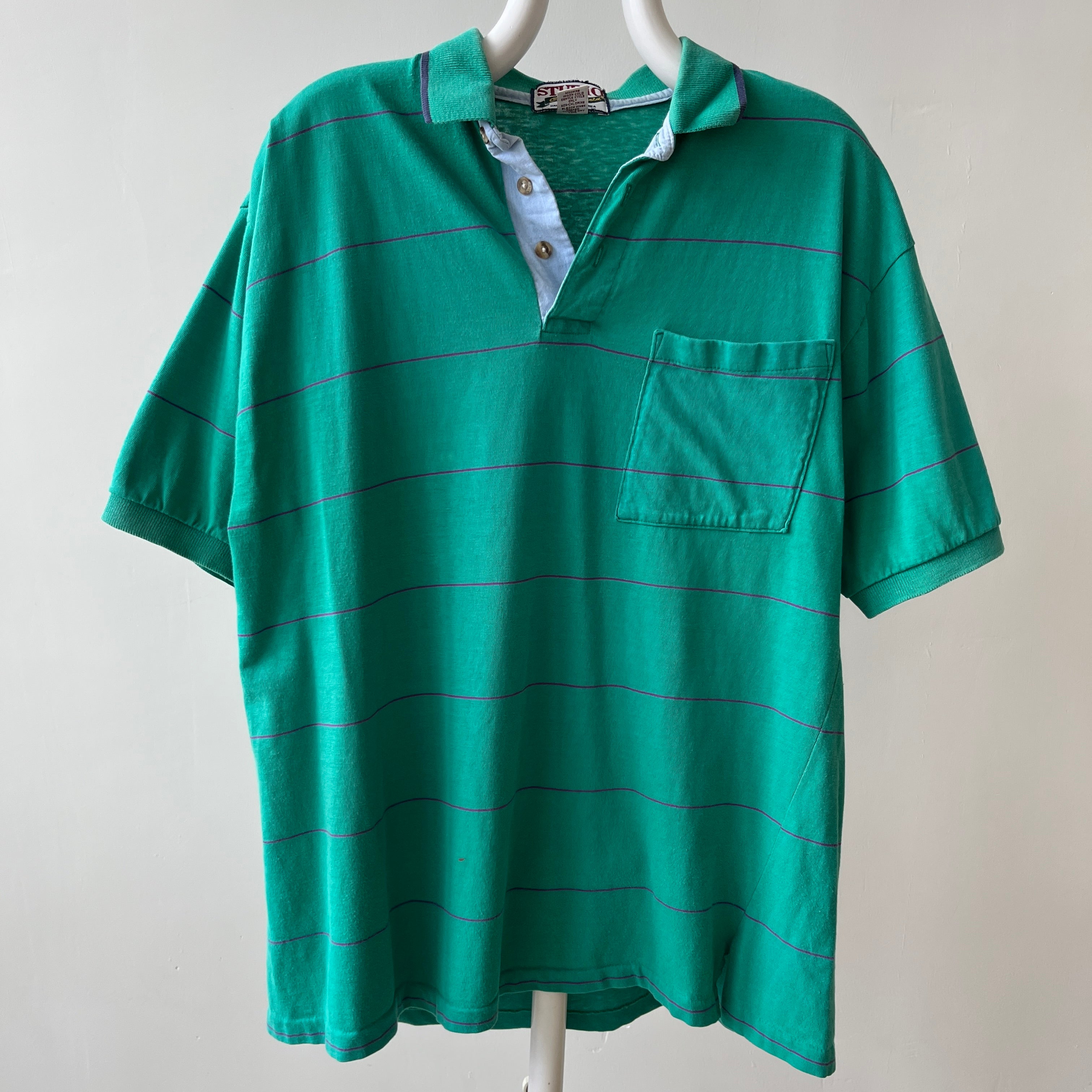 1980s Green/Teal Striped Polo T-Shirt