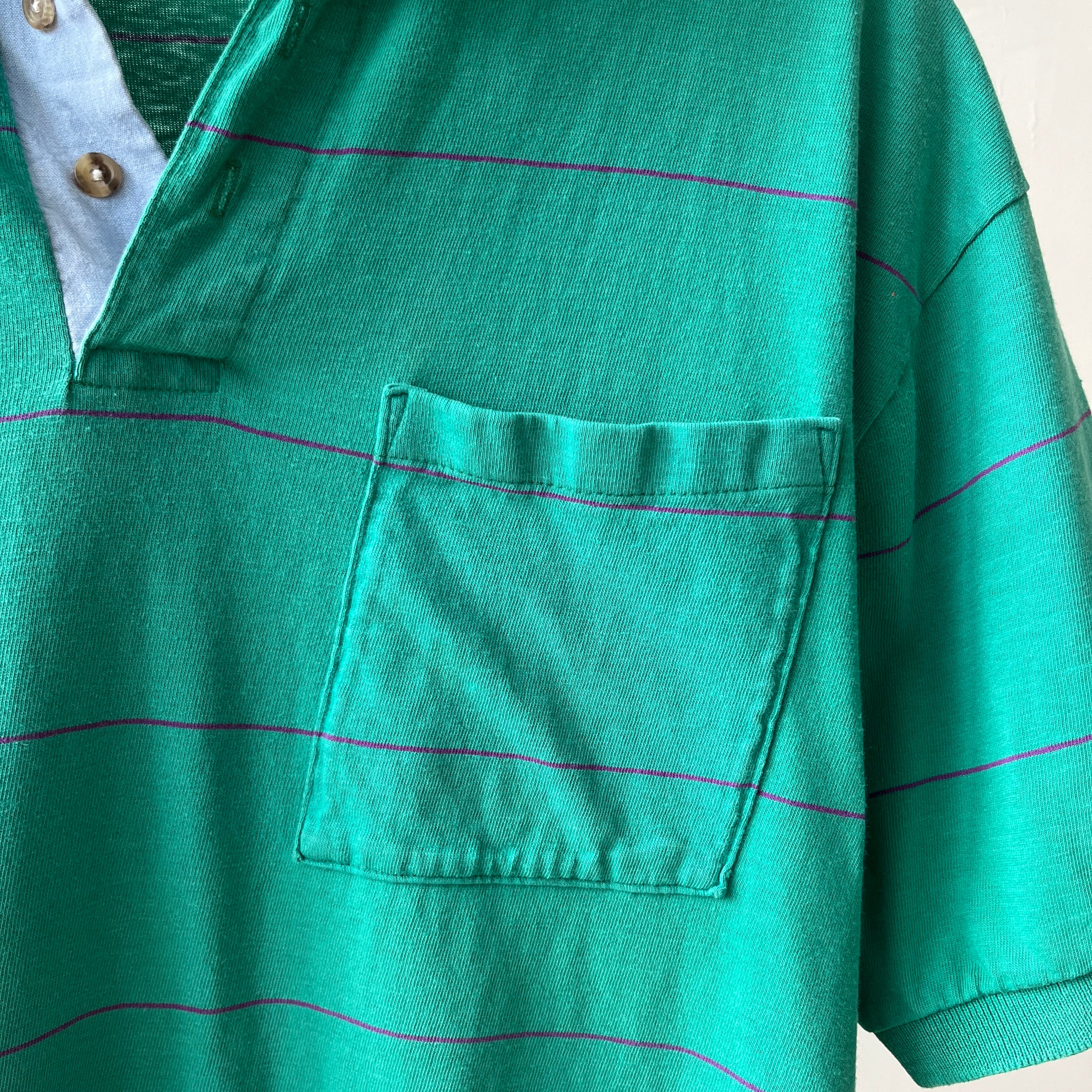 1980s Green/Teal Striped Polo T-Shirt