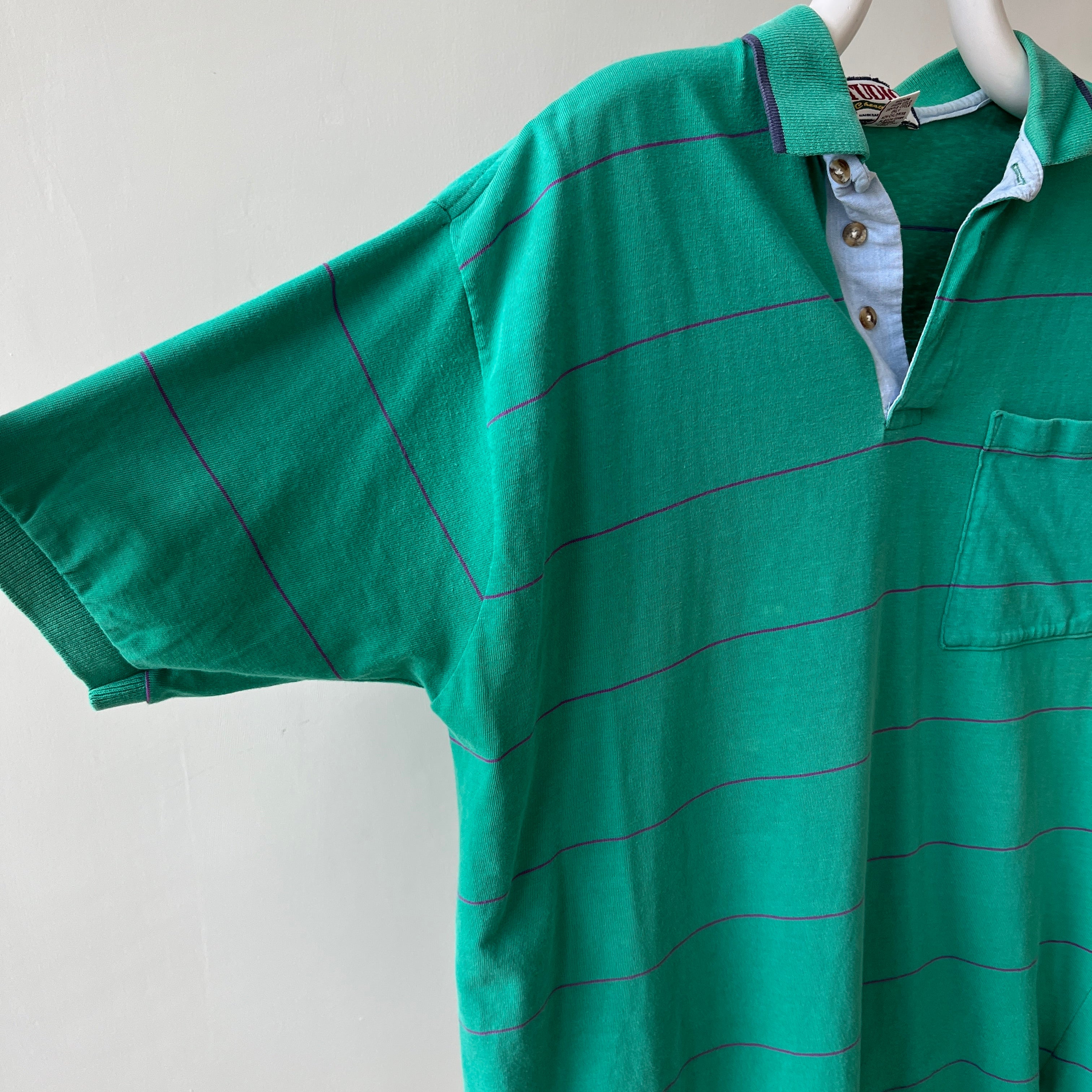 1980s Green/Teal Striped Polo T-Shirt