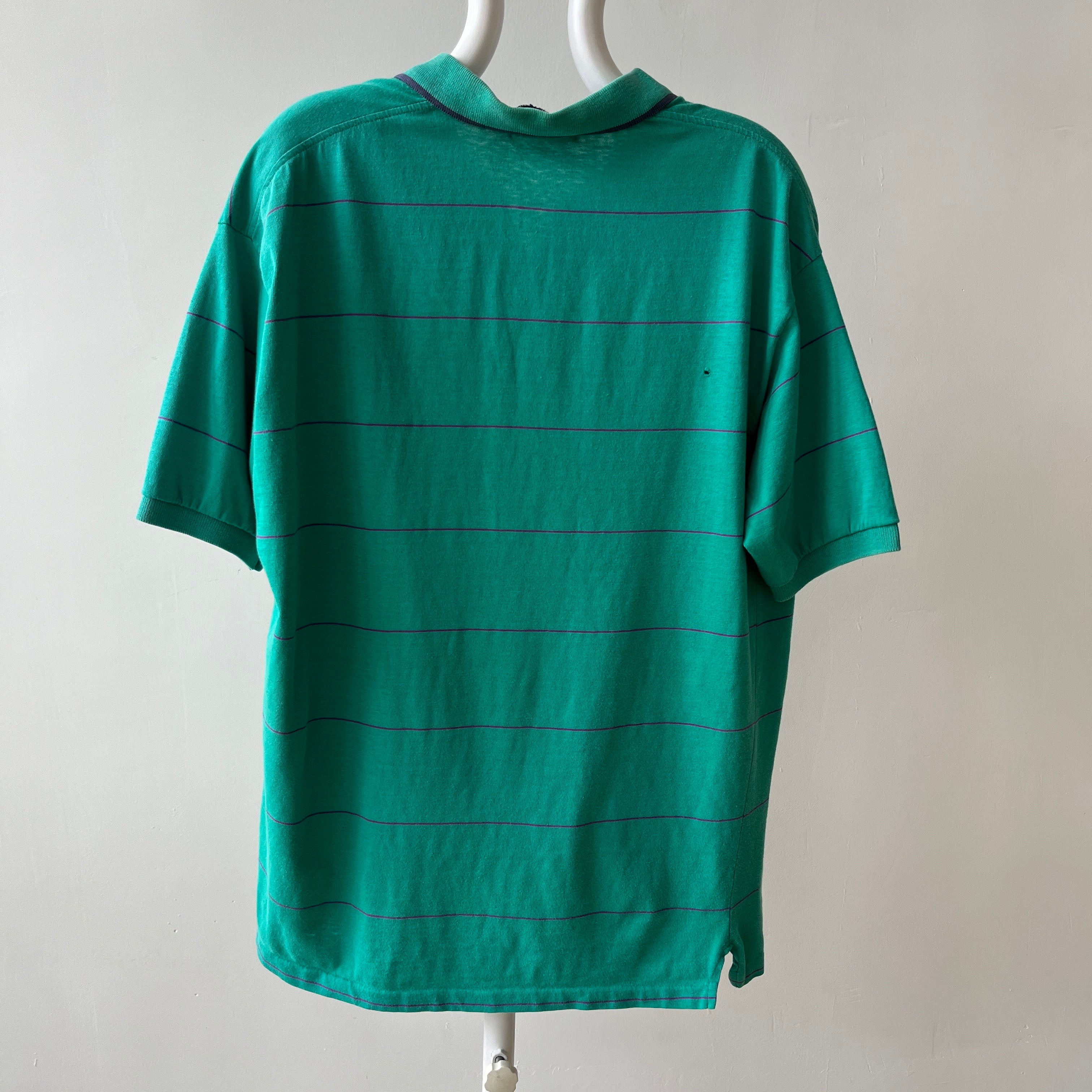1980s Green/Teal Striped Polo T-Shirt