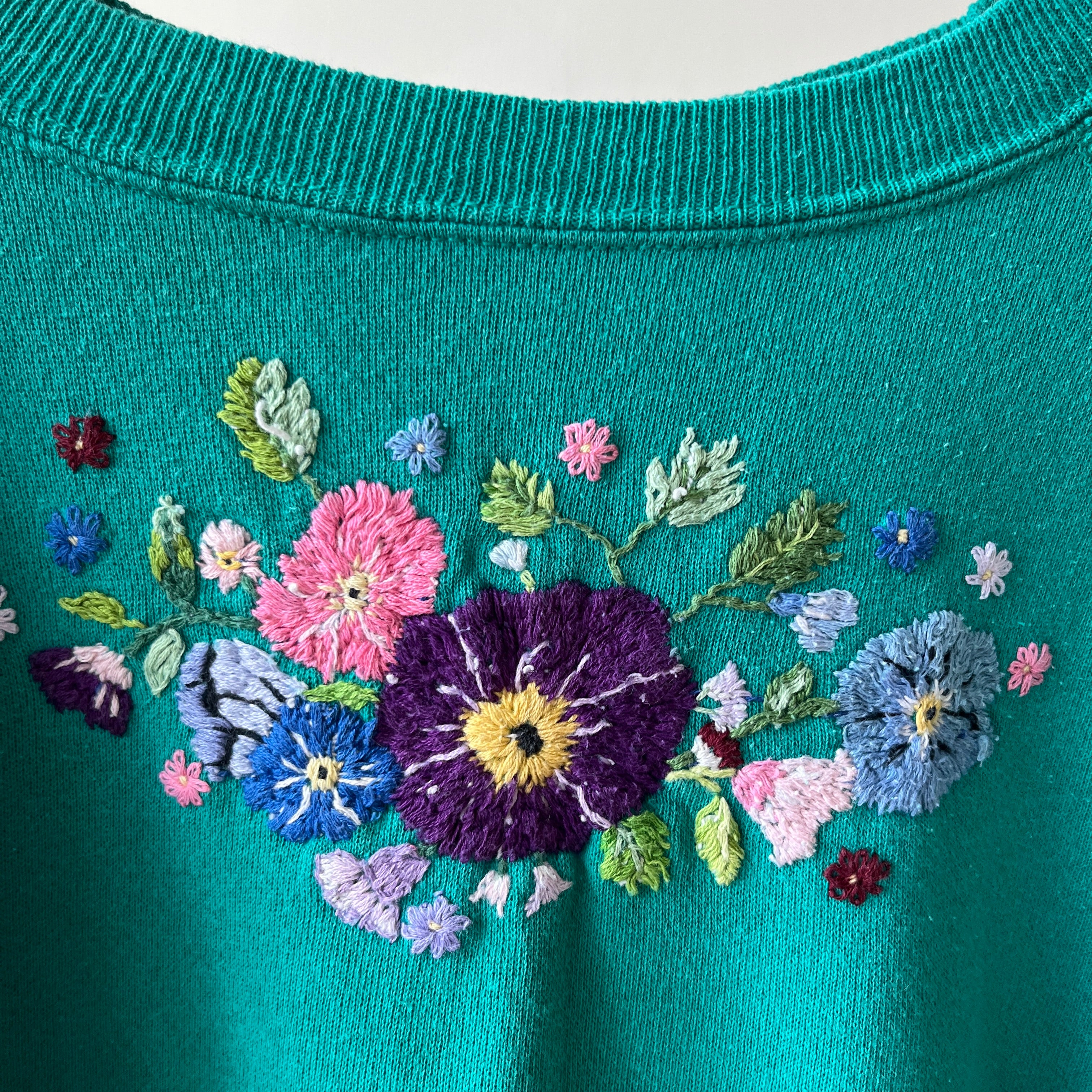 1990s Hand Embroidered Flowers Sweatshirt with Cool Bleach Staining