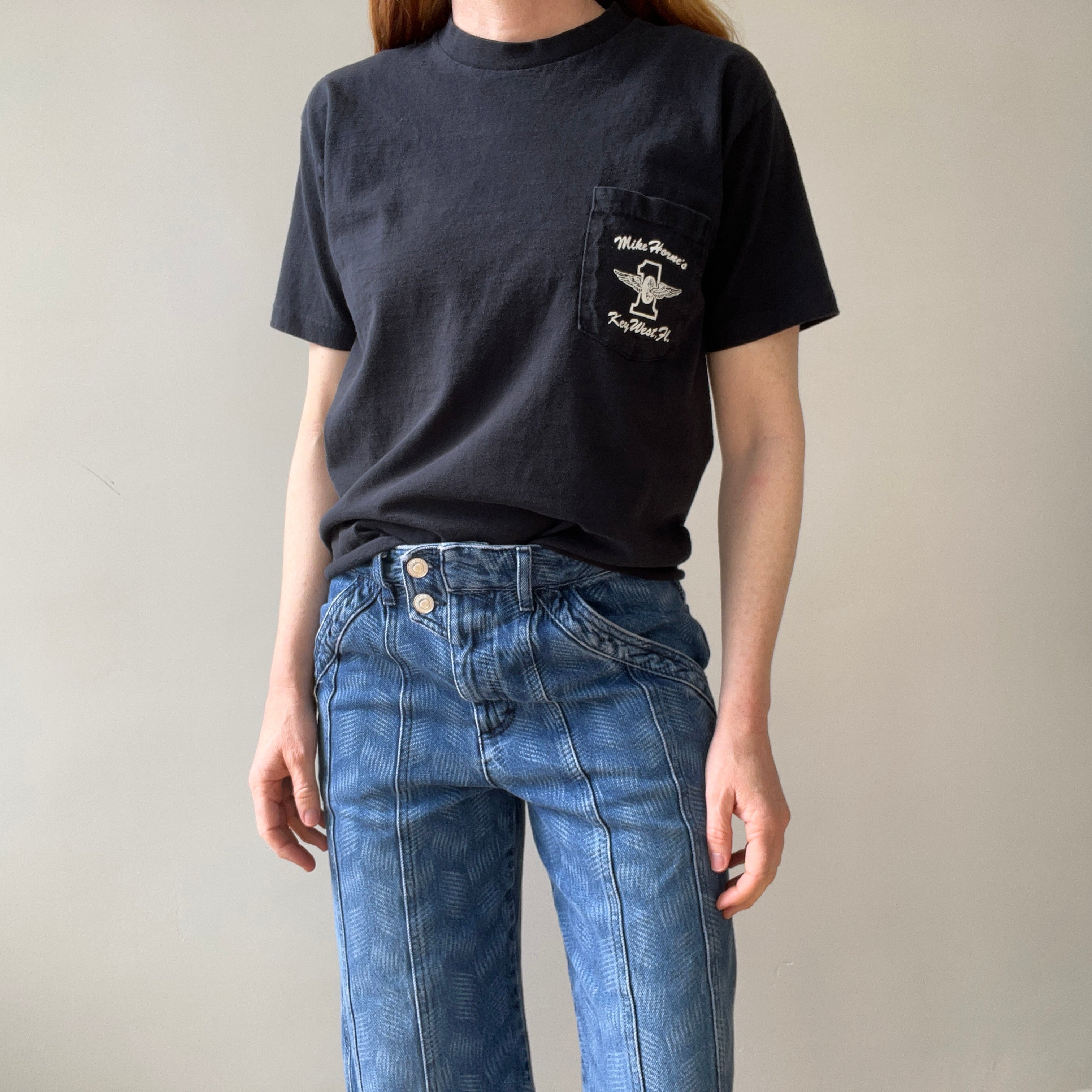1970s BACKSIDE Horney's Harley Motorcycle Sales Cut Hem Selvedge Pocket T-Shirt - !!!