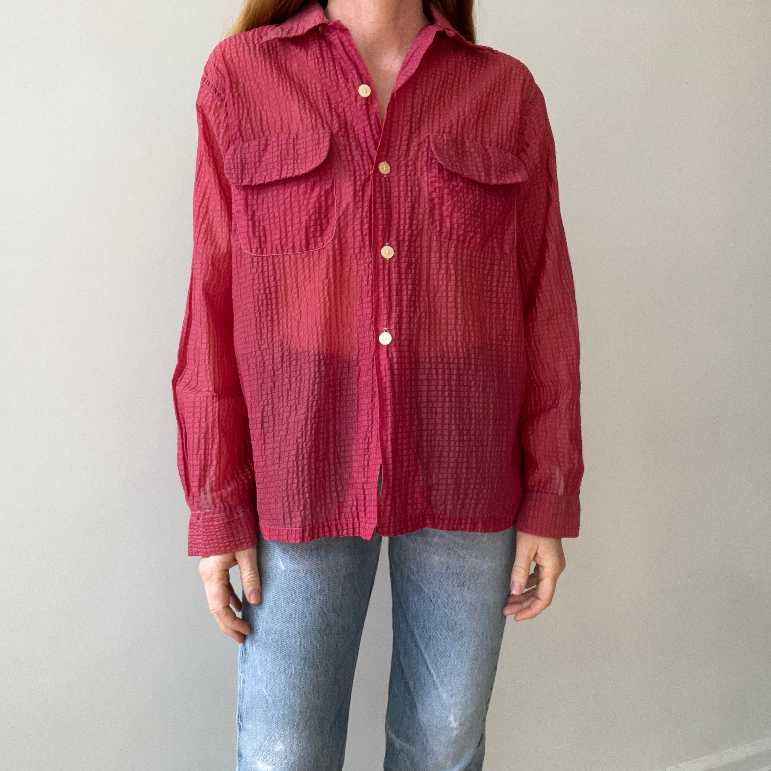 1950s Red Sheer Loop Collar Button Down Shirt