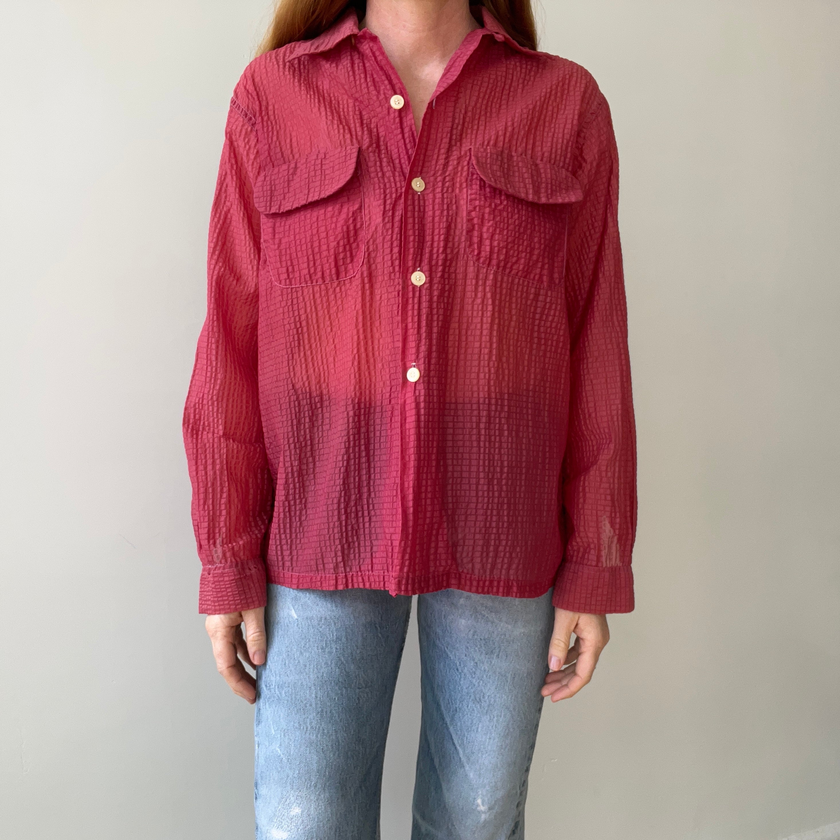 1950s Red Sheer Loop Collar Button Down Shirt