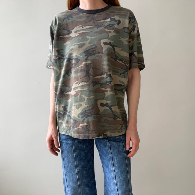 1970s Perfectly Faded and Worn Camo T-Shirt with a Rolled Neck