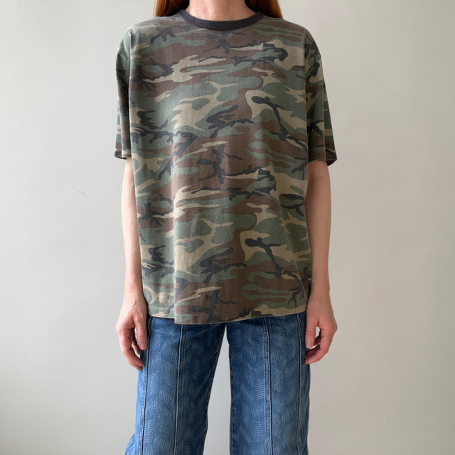 1970s Perfectly Faded and Worn Camo T-Shirt with a Rolled Neck