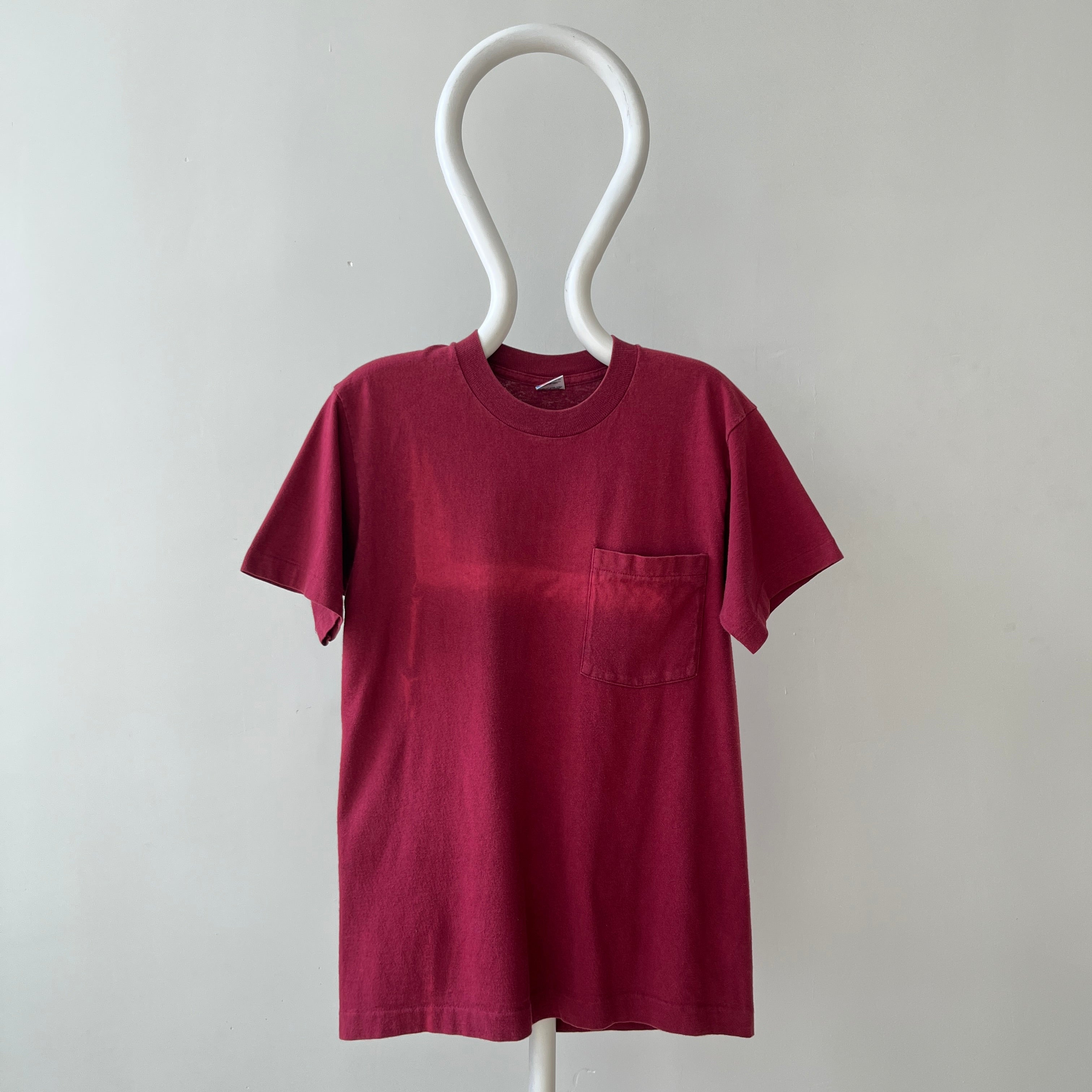 1990s Blank Burgundy Faded Pocket T Shirt
