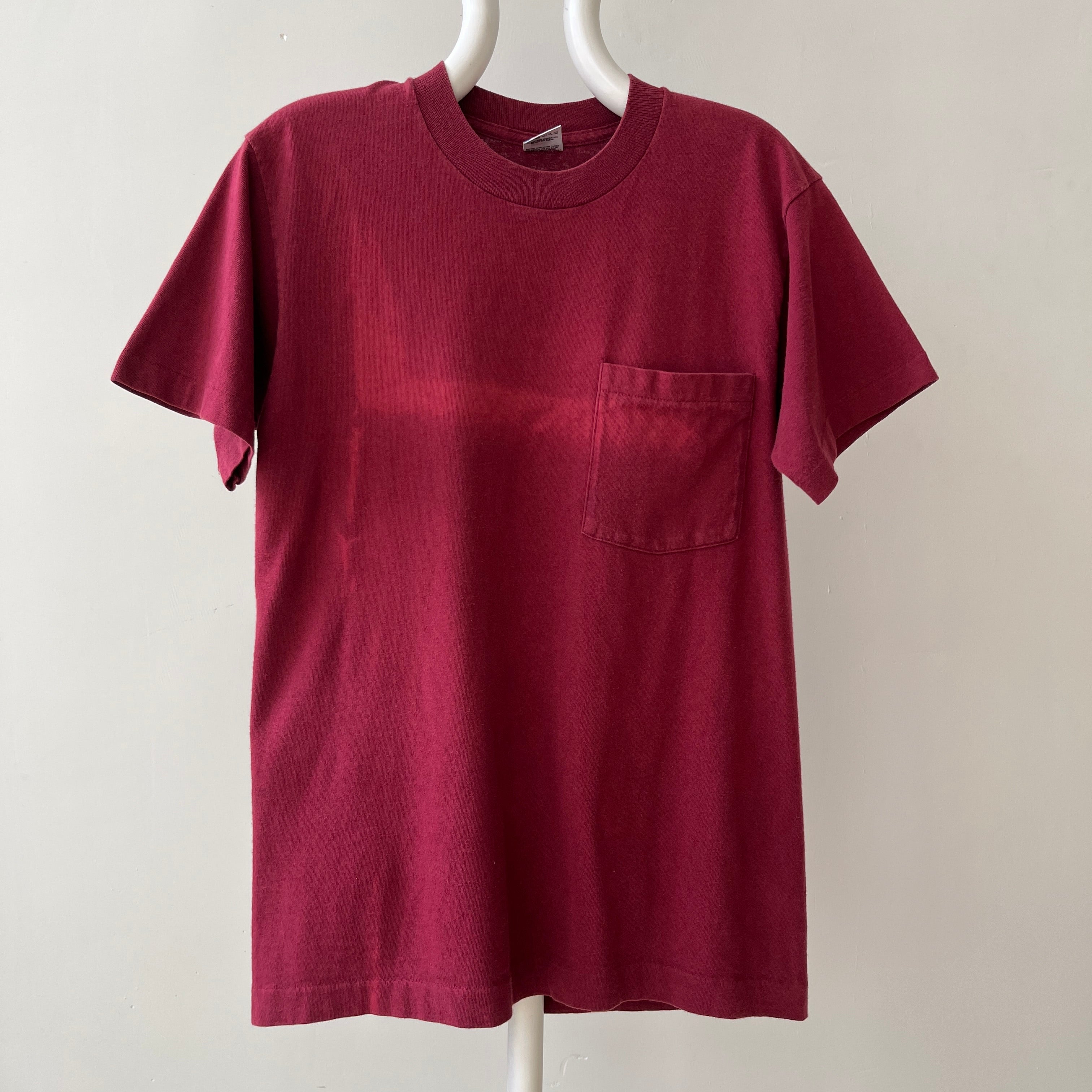 1990s Blank Burgundy Faded Pocket T Shirt