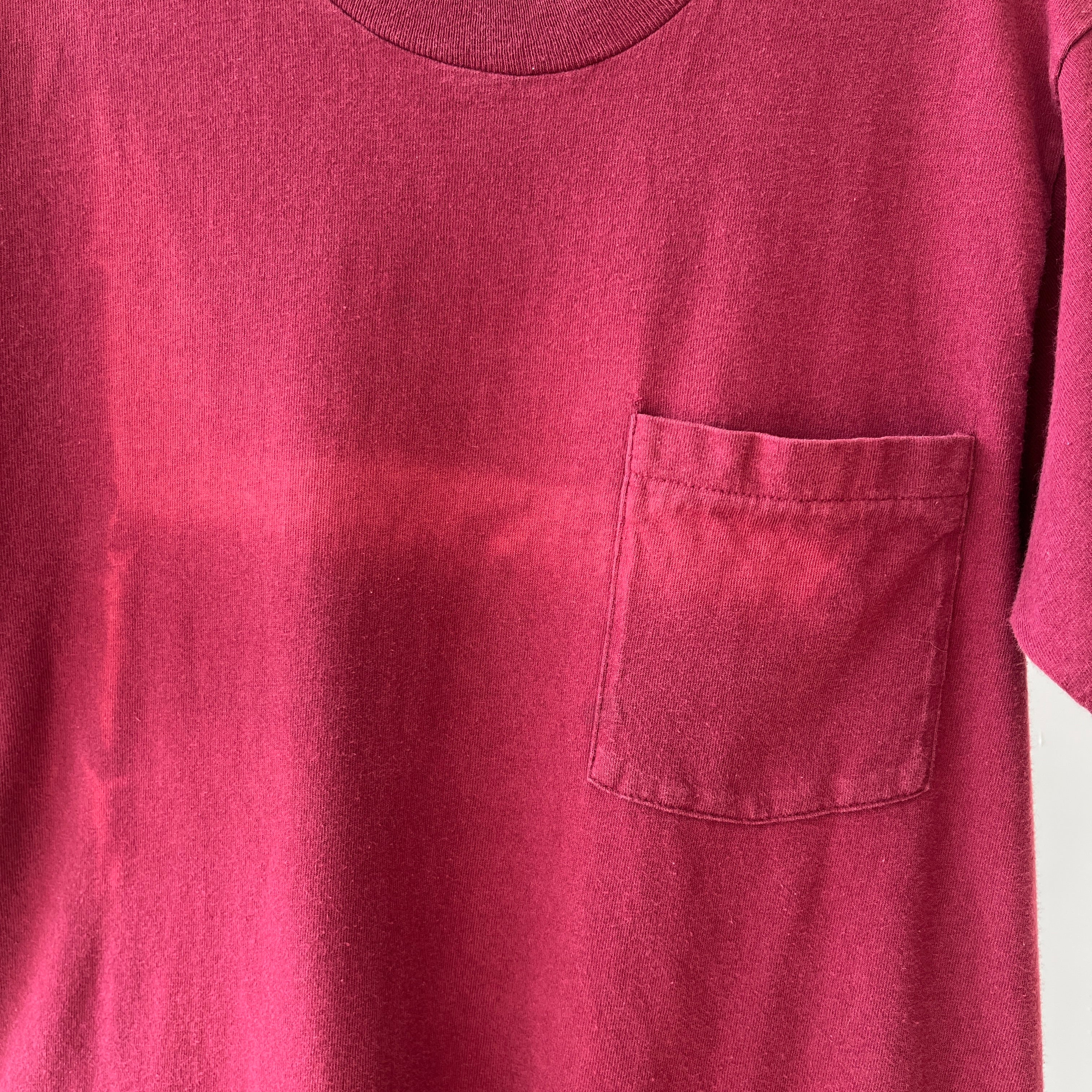 1990s Blank Burgundy Faded Pocket T Shirt
