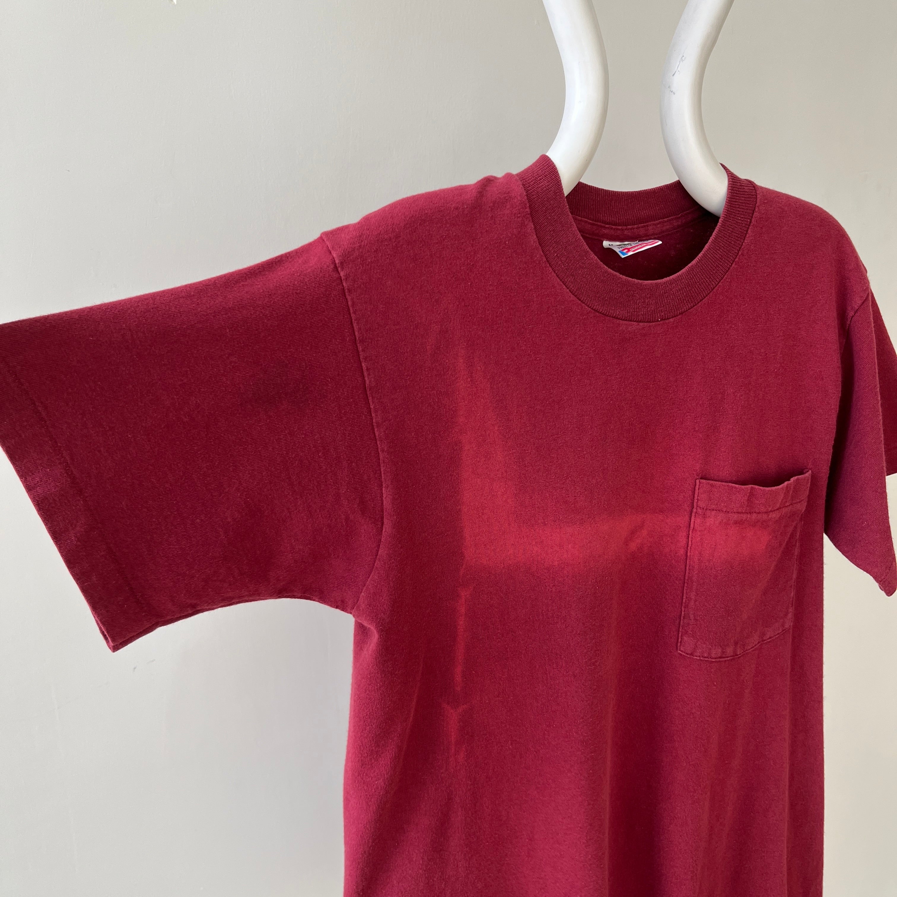 1990s Blank Burgundy Faded Pocket T Shirt