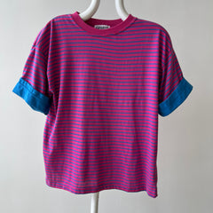 1990's Pink and Blue Striped T-Shirt