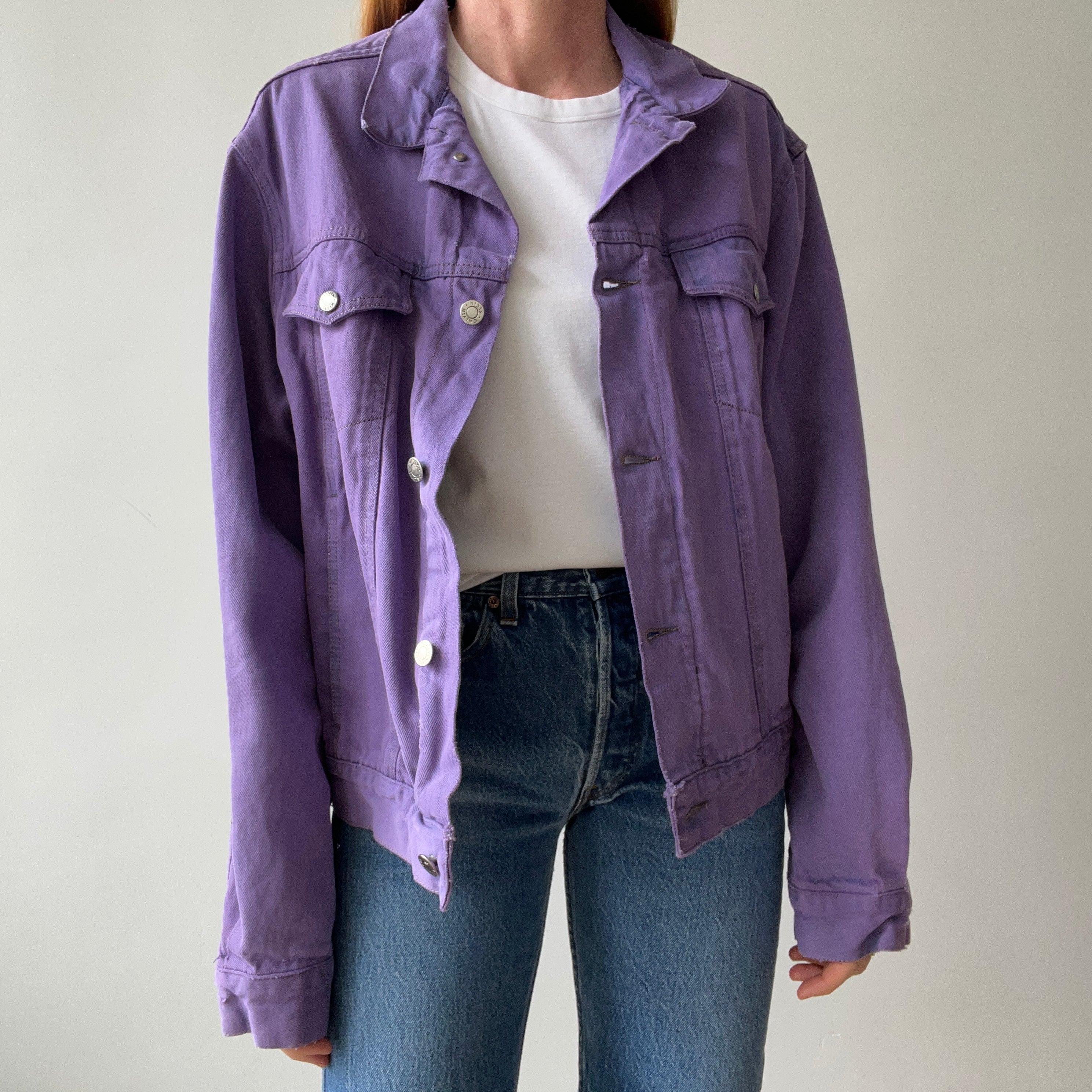 1990s Calvin Klein Soft and Slouchy Over-dyed Lilac Purple Denim Jean Jacket