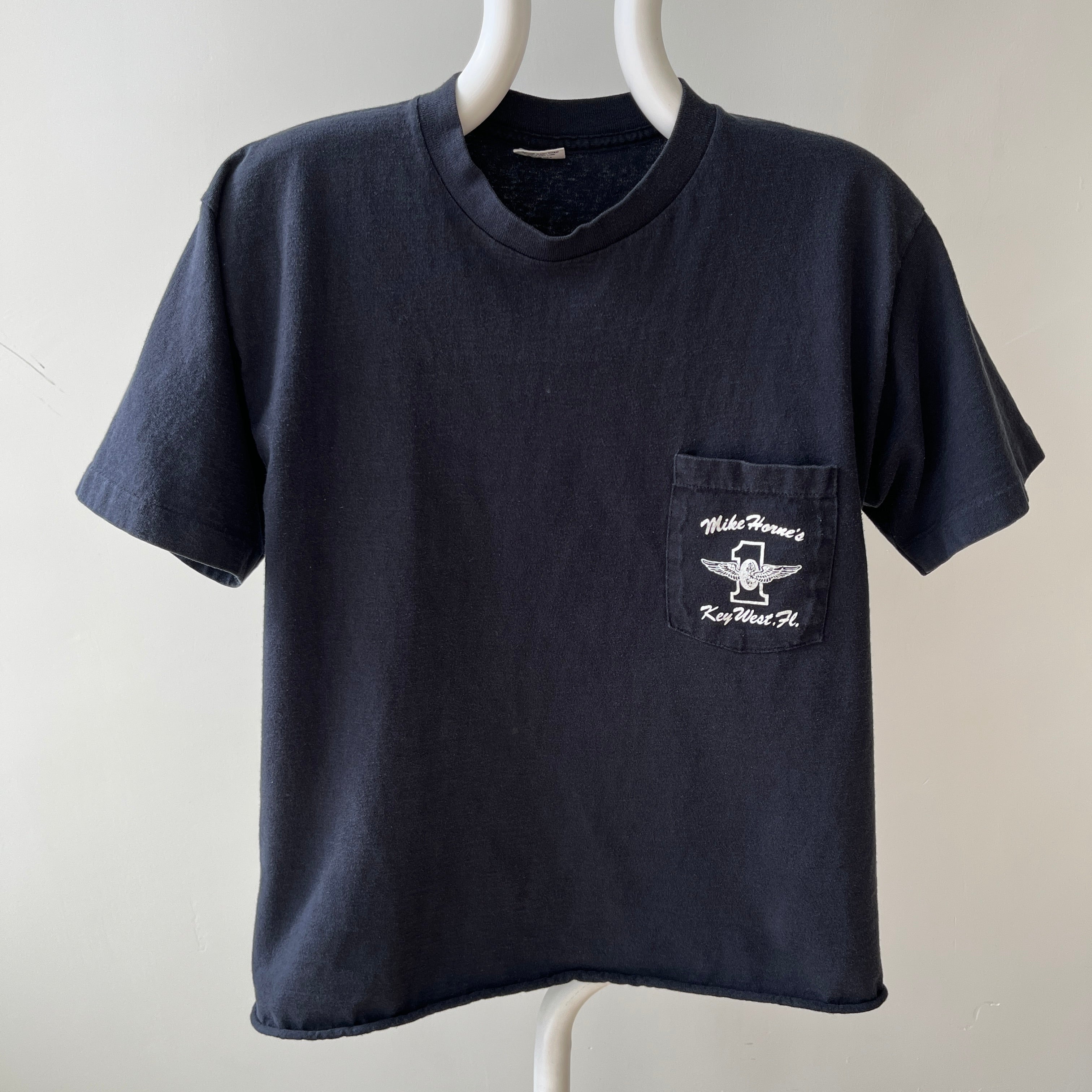 1970s BACKSIDE Horney's Harley Motorcycle Sales Cut Hem Selvedge Pocket T-Shirt - !!!