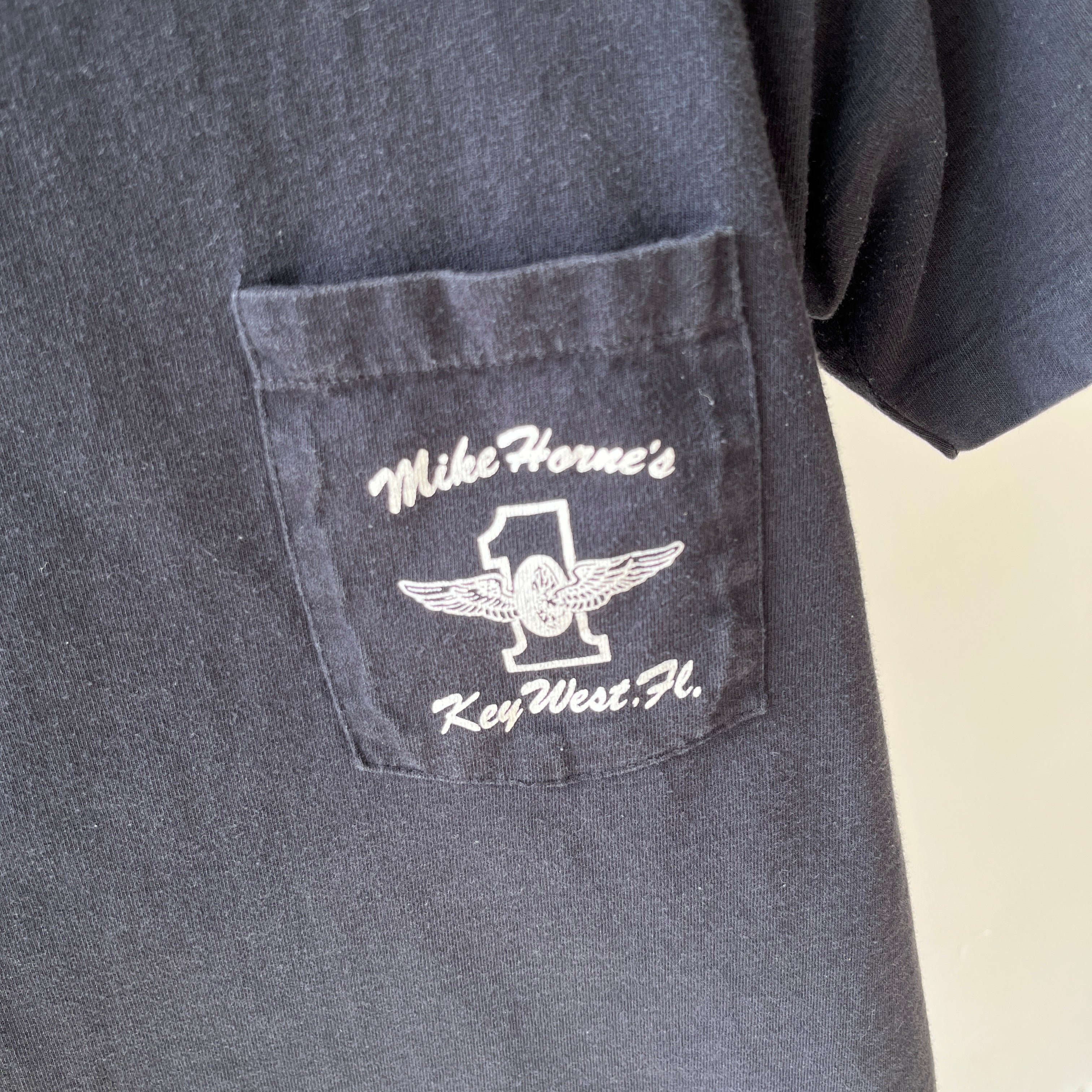 1970s BACKSIDE Horney's Harley Motorcycle Sales Cut Hem Selvedge Pocket T-Shirt - !!!
