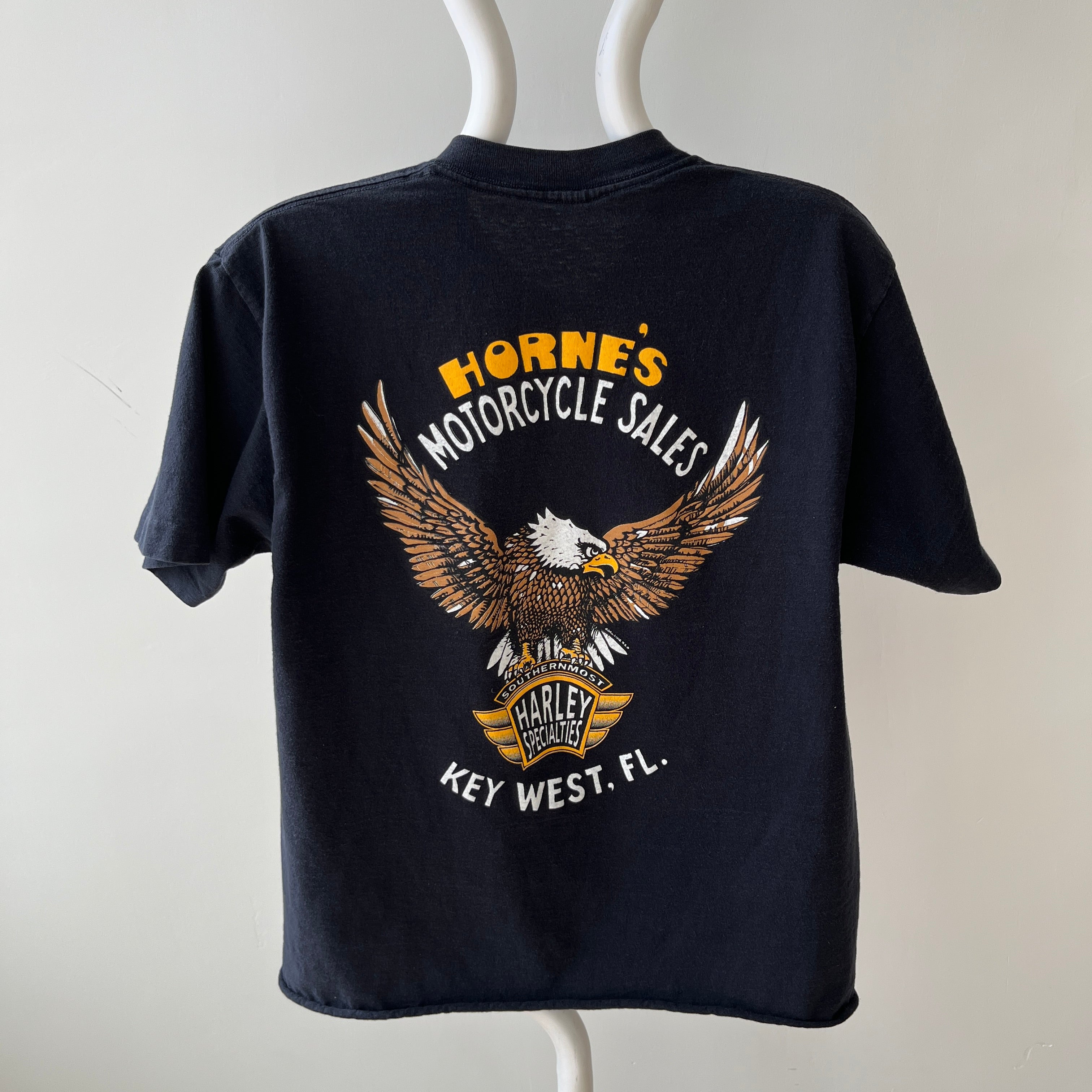 1970s BACKSIDE Horney's Harley Motorcycle Sales Cut Hem Selvedge Pocket T-Shirt - !!!