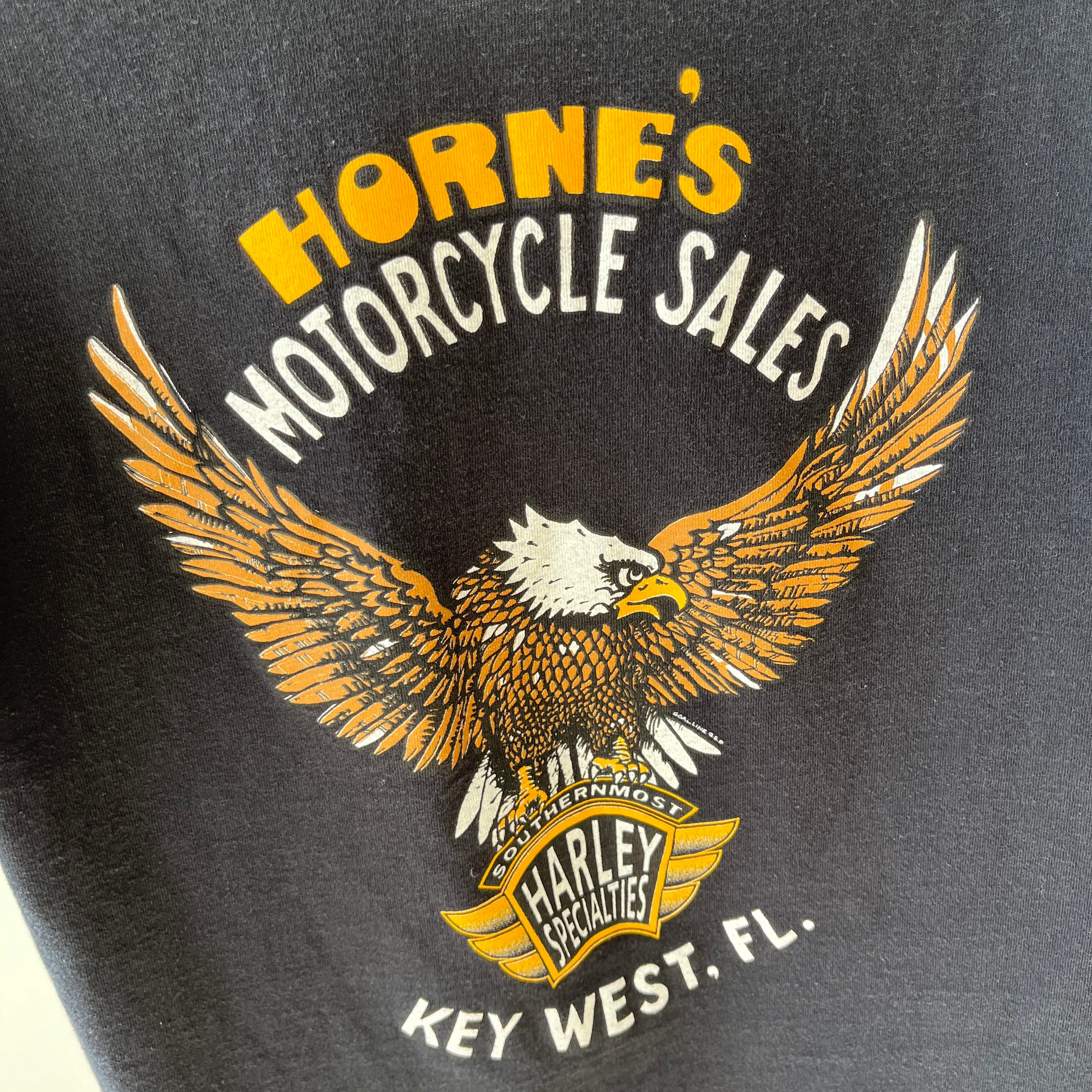 1970s BACKSIDE Horney's Harley Motorcycle Sales Cut Hem Selvedge Pocket T-Shirt - !!!