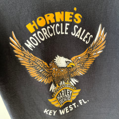 1970s BACKSIDE Horney's Harley Motorcycle Sales Cut Hem Selvedge Pocket T-Shirt - !!!