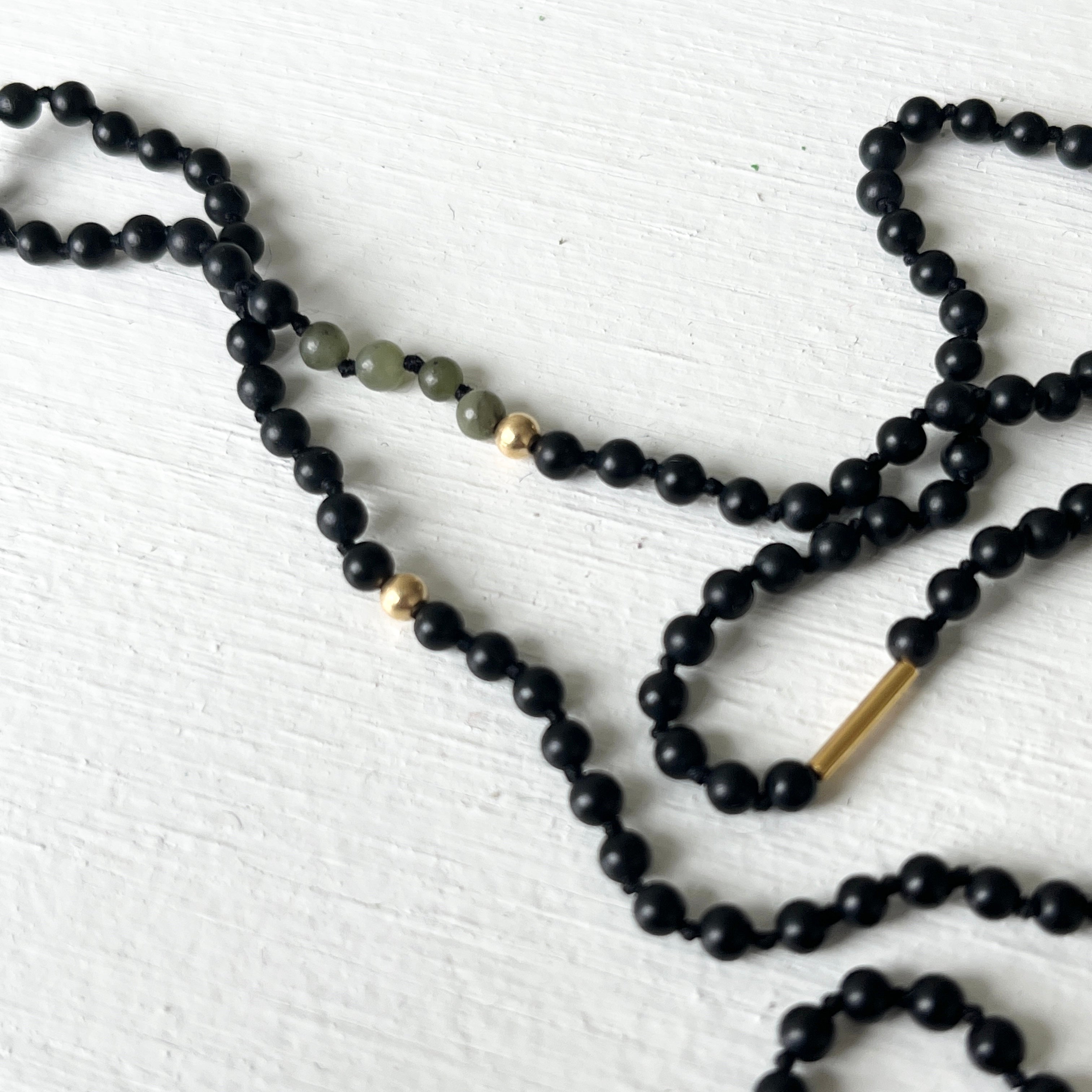 Black Onyx, Jade and 18K Gold Hand Knotted One-Of-A-Kind Beaded Necklace