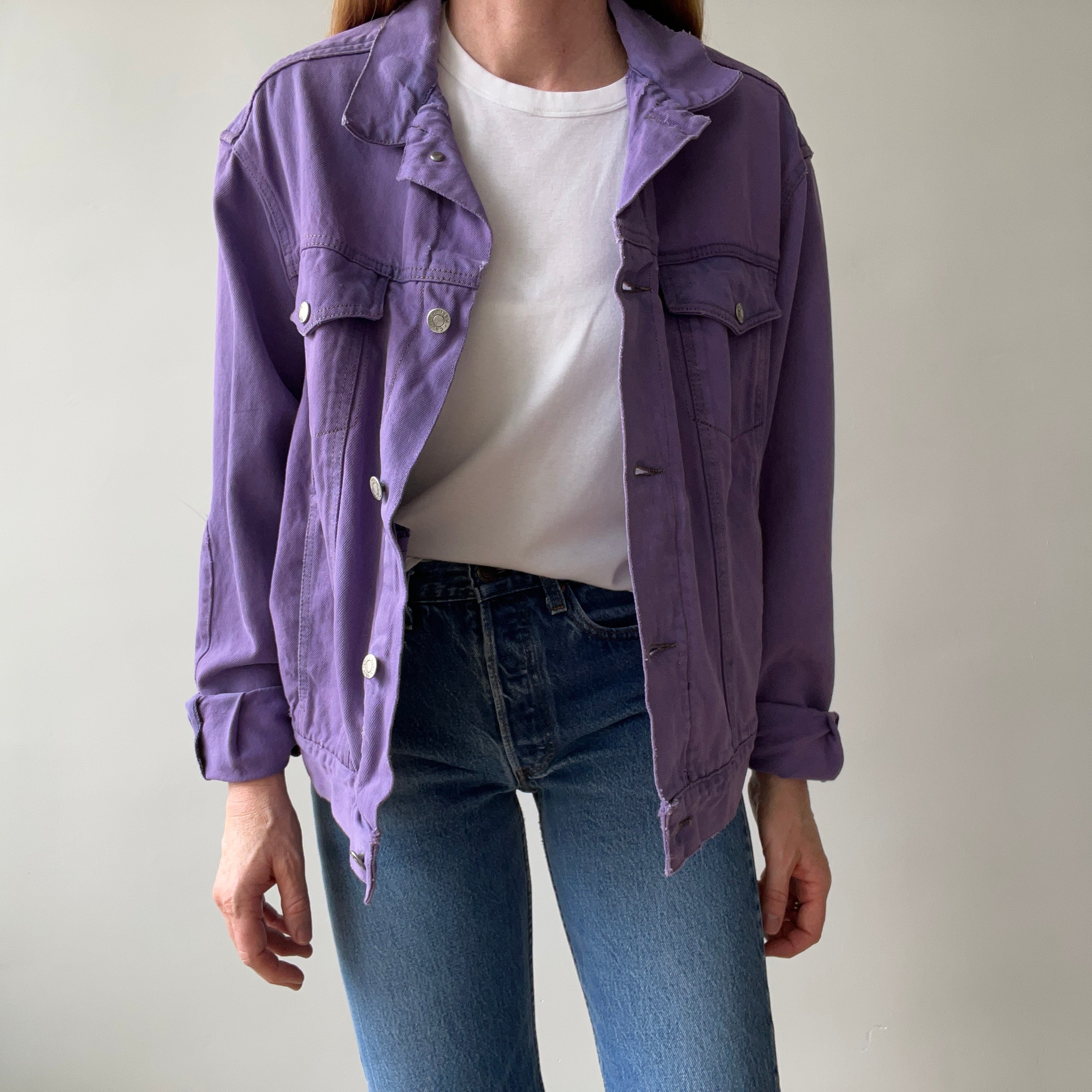 1990s Calvin Klein Soft and Slouchy Over-dyed Lilac Purple Denim Jean Jacket