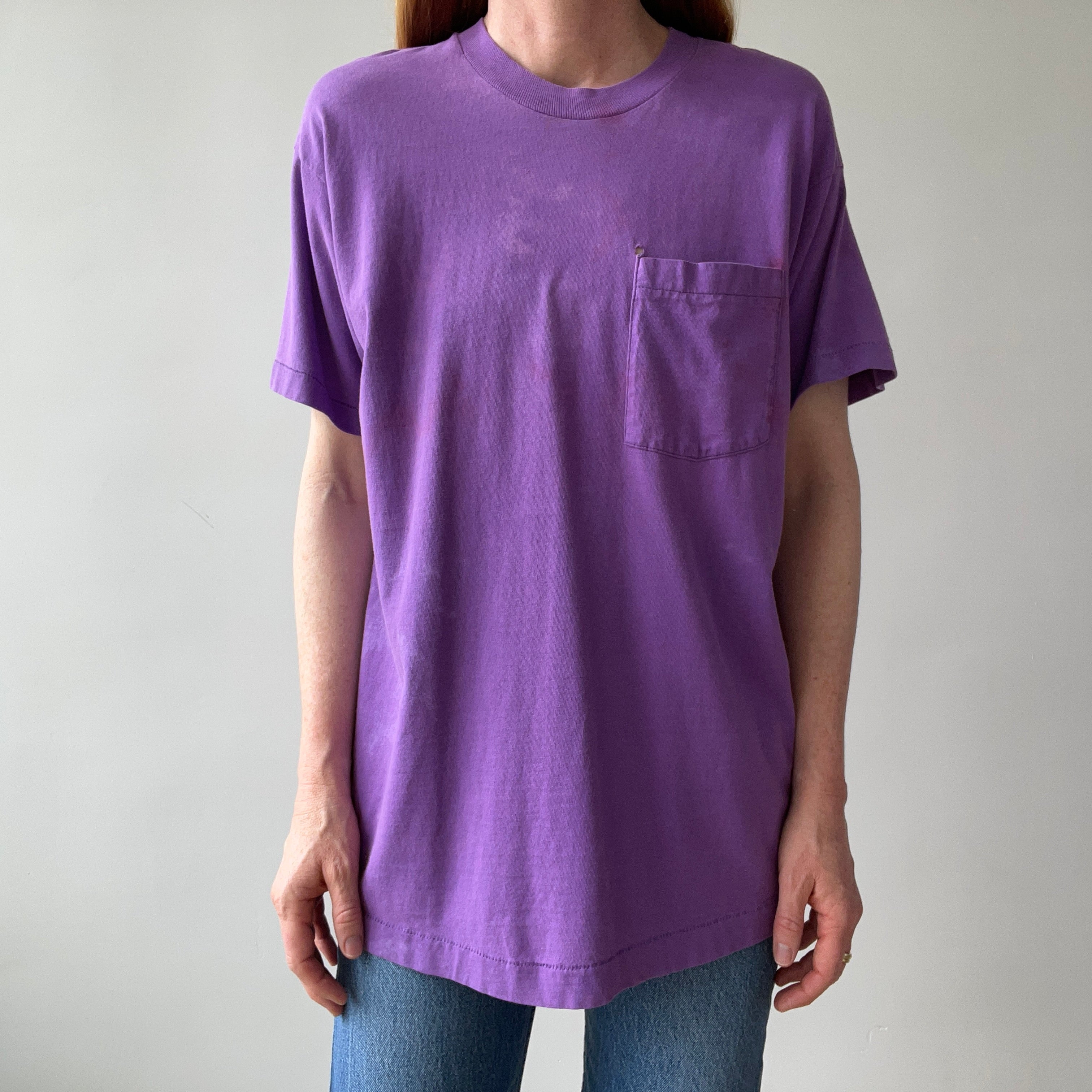 1980s Super Rad Sun Faded Bleached Out Worn Purple Selvedge Pocket T-Shirt