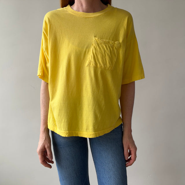 1980s Sunshine Yellow Cotton Knit Slouchy Pocket T-Shirt