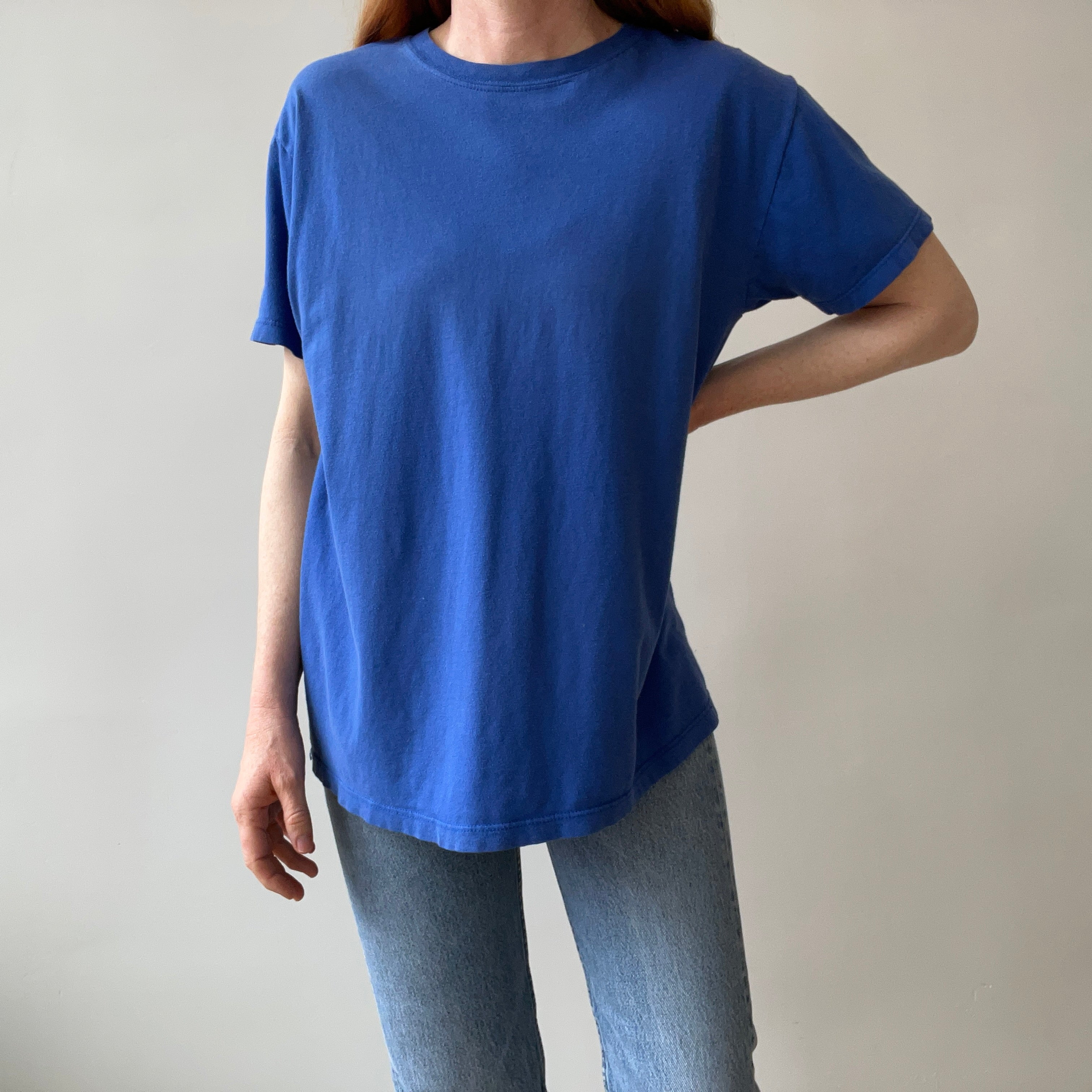 1990s Calvin Klein USA Blank Dodger Blue Cotton T-Shirt