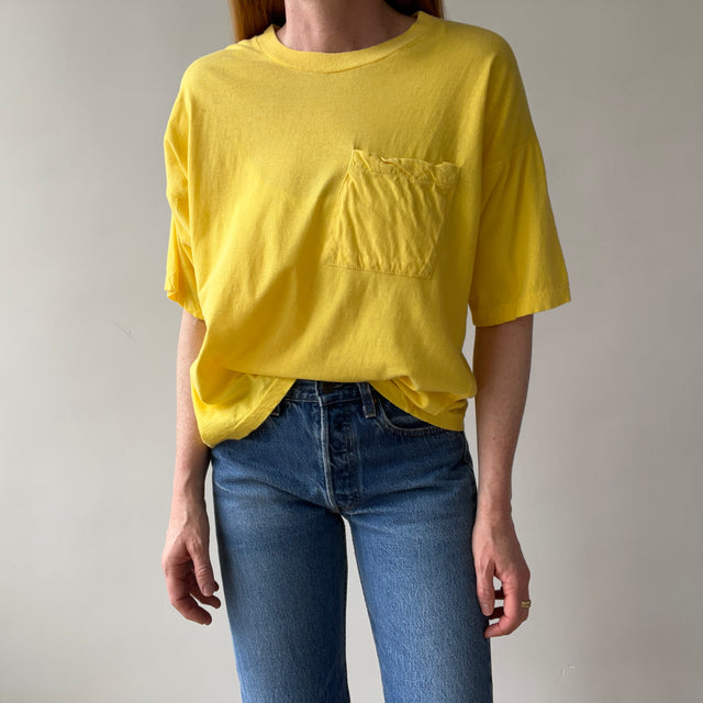 1980s Sunshine Yellow Cotton Knit Slouchy Pocket T-Shirt