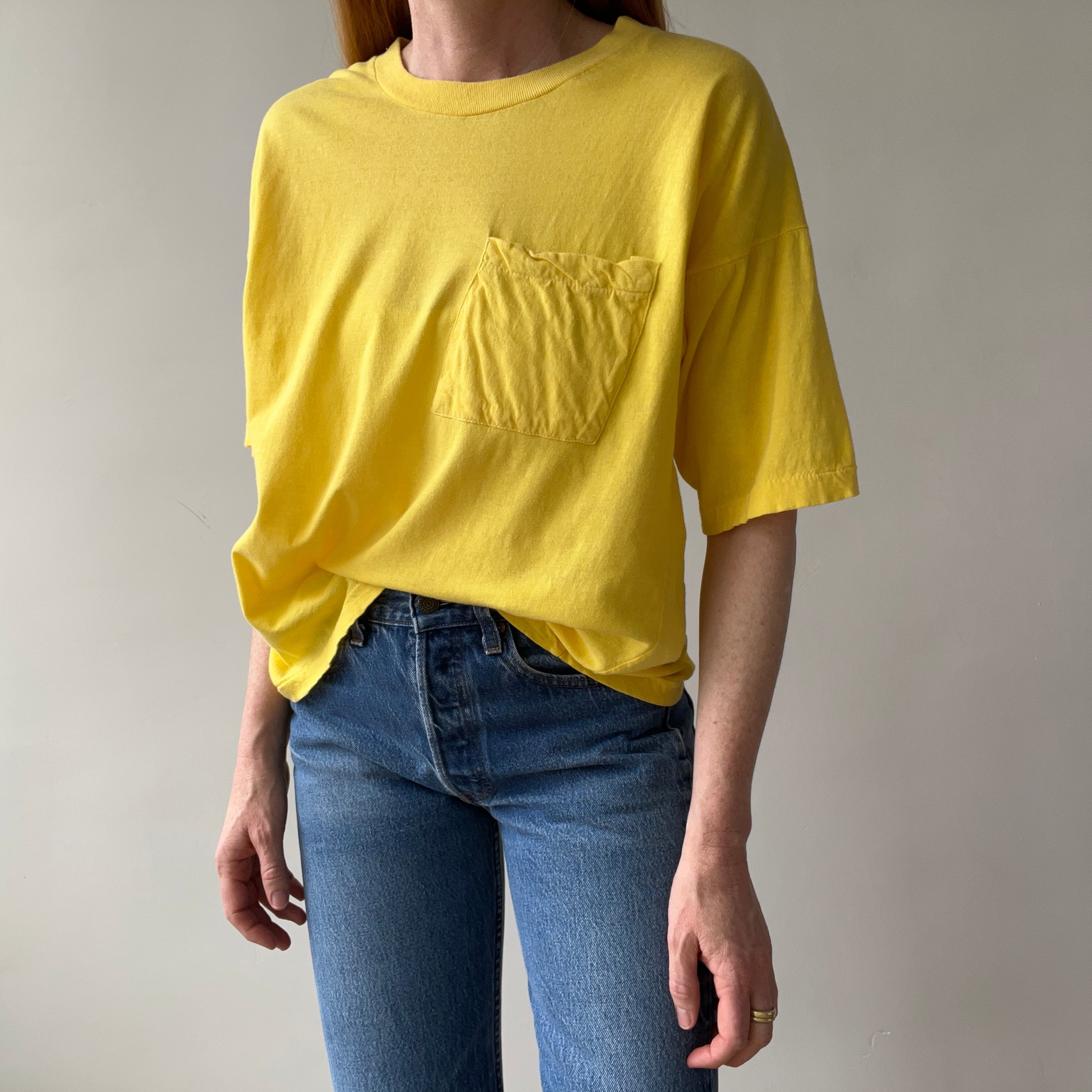 1980s Sunshine Yellow Cotton Knit Slouchy Pocket T-Shirt