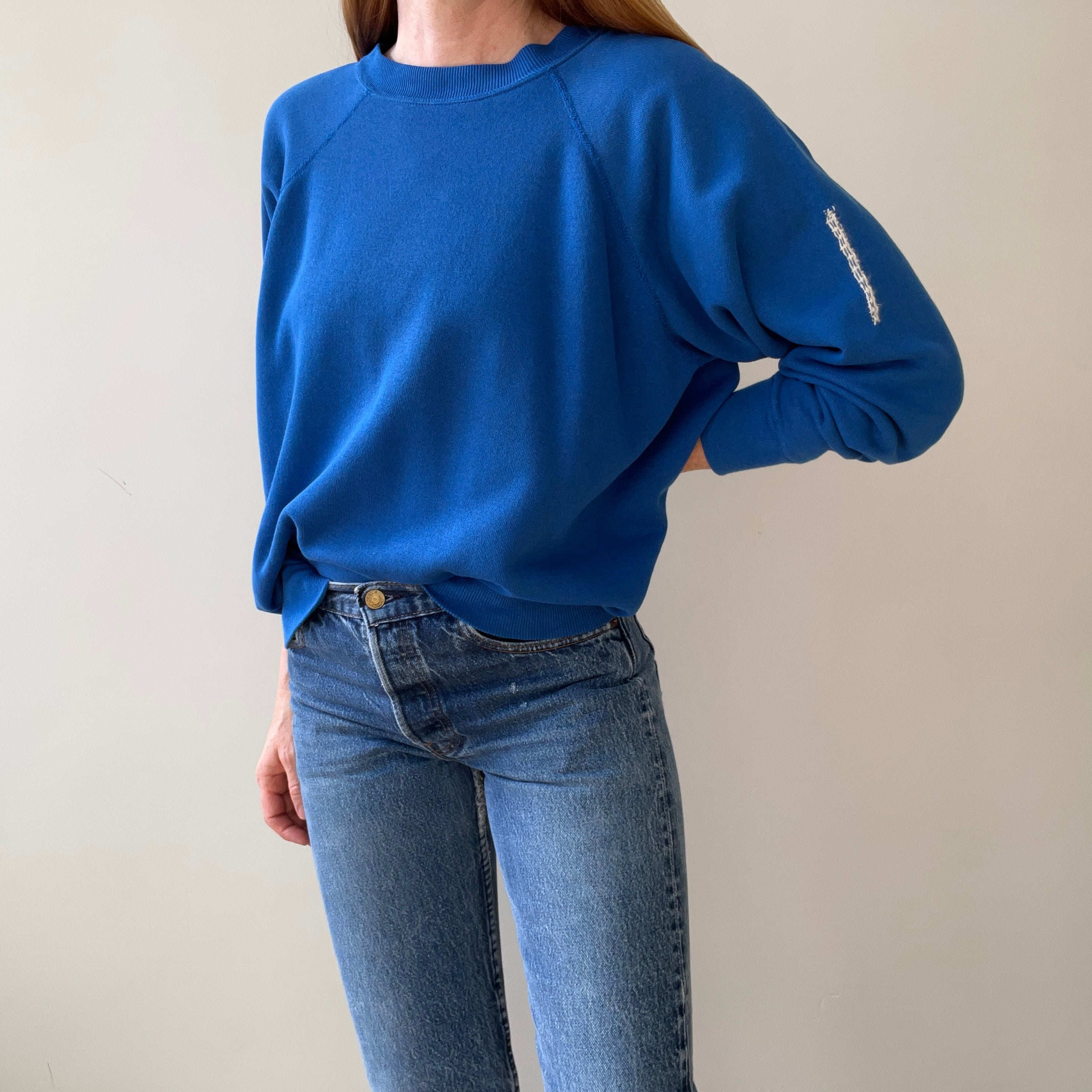 1990s Blank Blue Repaired Sweatshirt