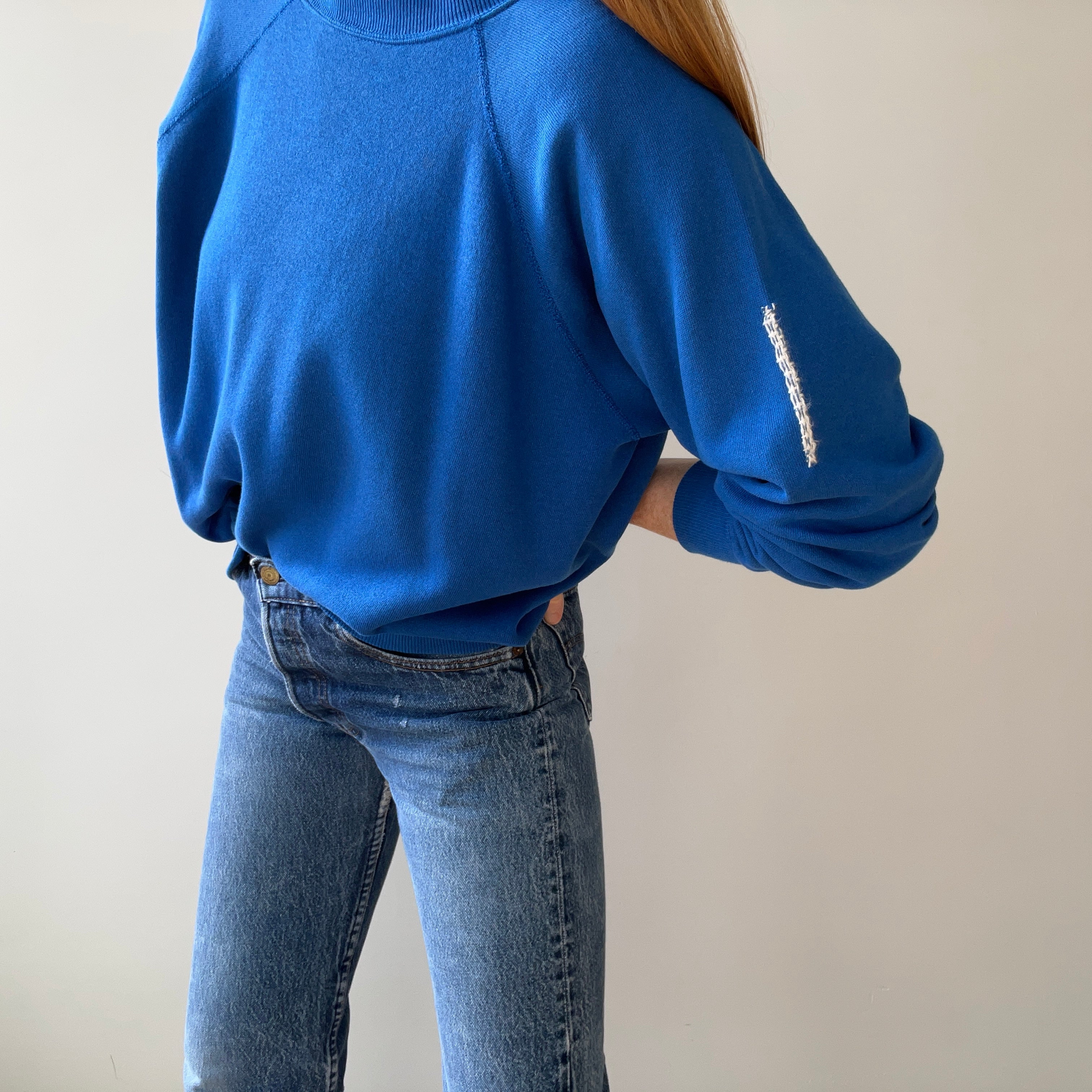 1990s Blank Blue Repaired Sweatshirt