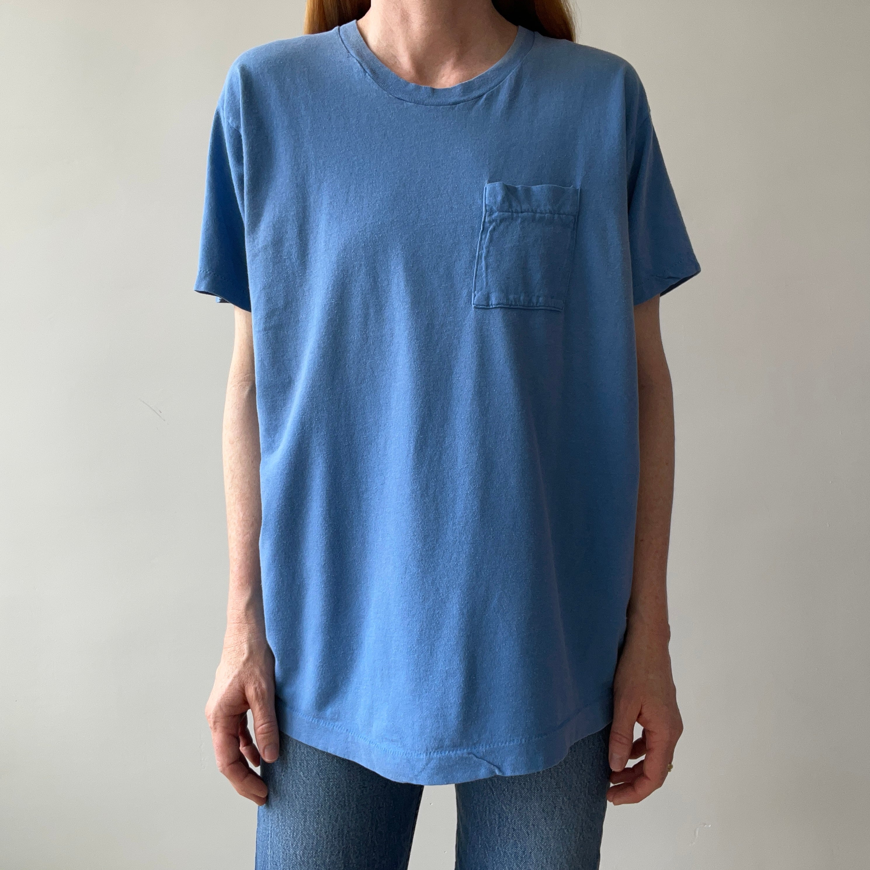 1980s Faded and Worn (SO COOL) Sky Blue Selvedge Pocket T-Shirt by FOTL