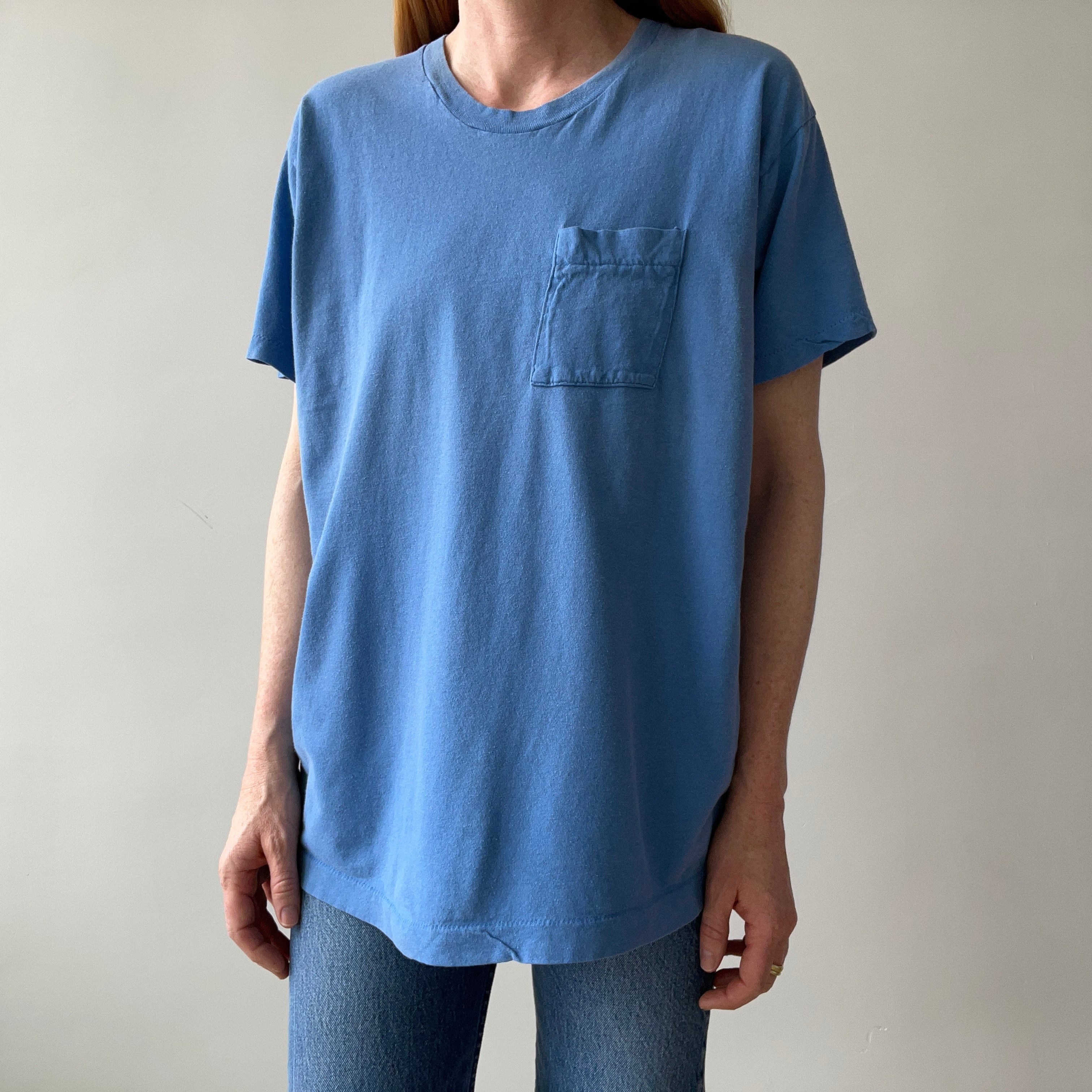1980s Faded and Worn (SO COOL) Sky Blue Selvedge Pocket T-Shirt by FOTL