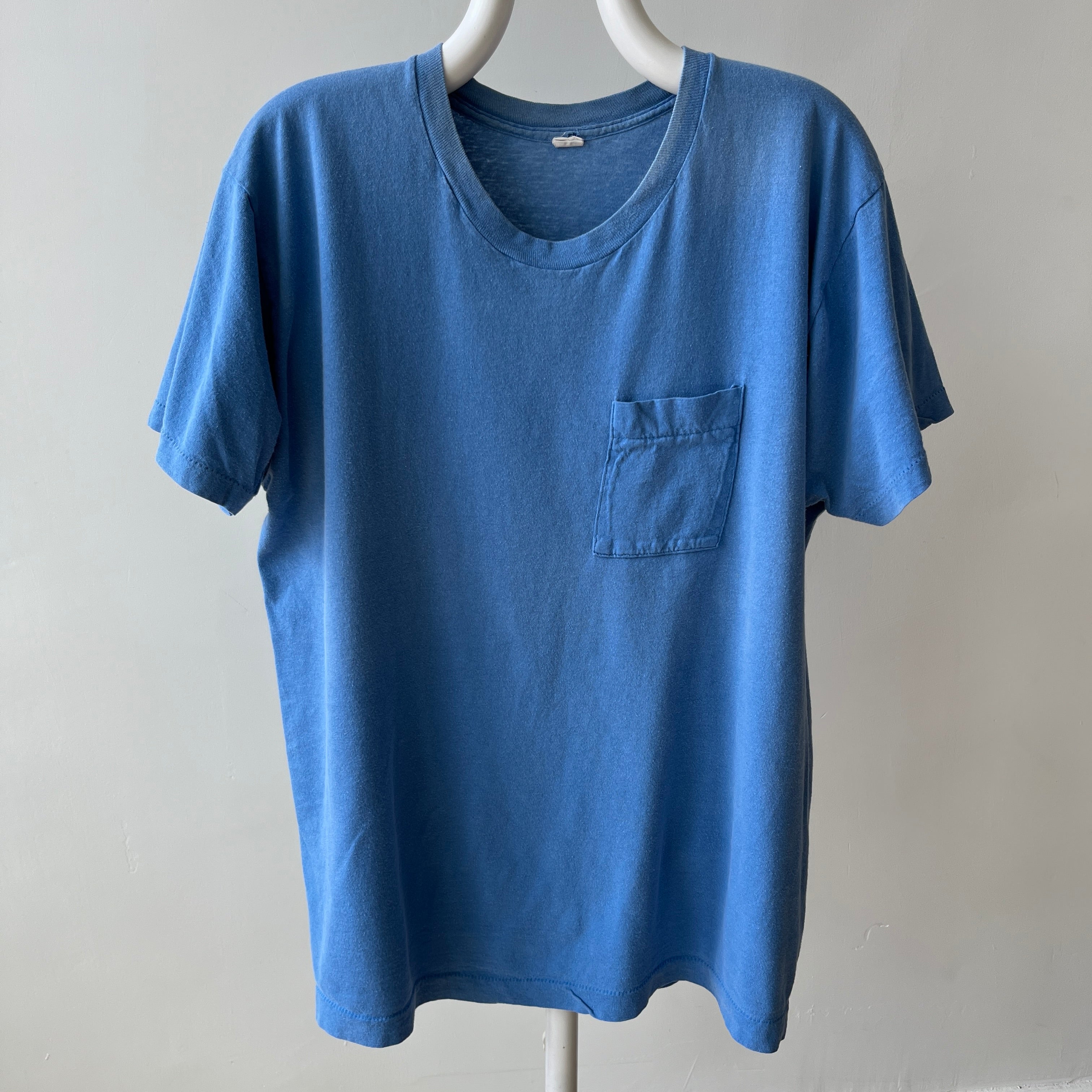1980s Faded and Worn (SO COOL) Sky Blue Selvedge Pocket T-Shirt by FOTL